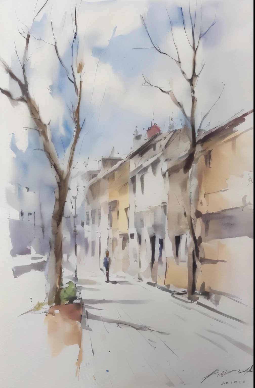 Watercolor painting, Fano city street, bright sun, shade,