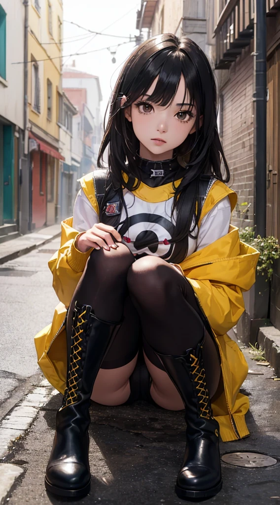 (((8k wallpaper of extremely detailed CG unit:1.2, masterpiece, hight resolution:1.2, top-quality:1.2, masutepiece))), ((a very beautiful woman, Sitting on the ground)), ((extra detailed face, Highly detailed black eyes, extra detailed body, Top quality real texture skins)), (A dark-haired, Red Eye Shadow, de pele branca, Small, wearing tights and boots, street wear, Punk costumes), ((Empty alley, Mileland)), foot out of frame:1.3, hyper realisitic, digitial painting,