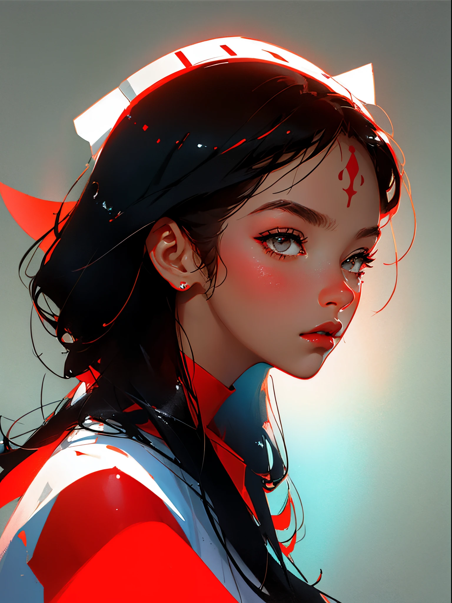 (Face close-up: 1.1), (side view: 1.3), avatar close-up, trendy, modern, red, black and white fluorescent, flat style, minimalism, graphic illustration, fashion magazine, Tsuruta Ichiro style