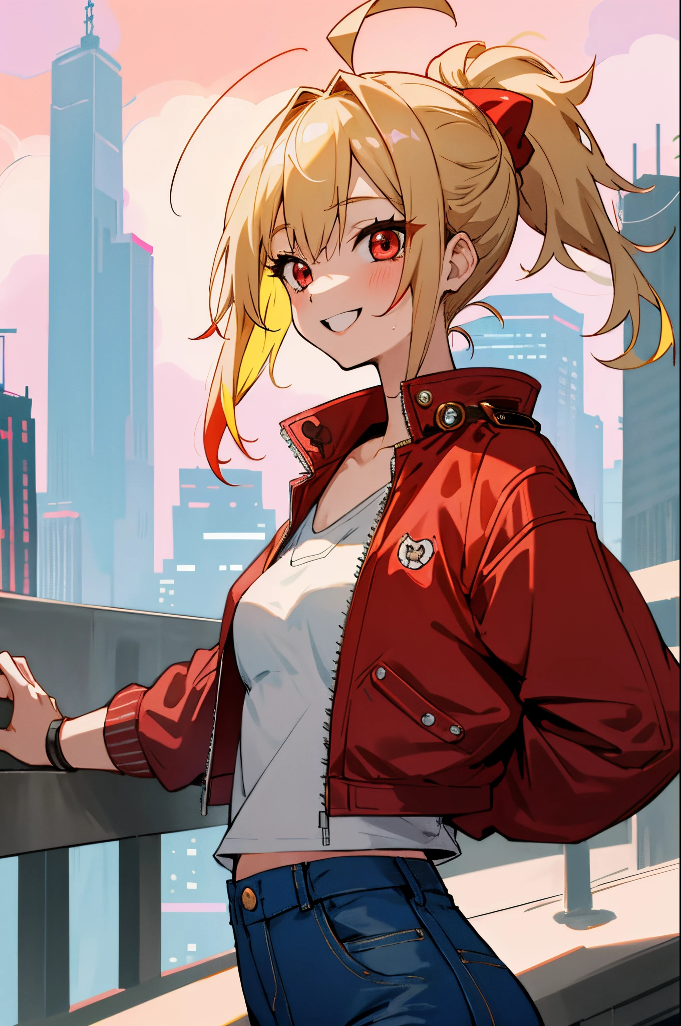 1girll、独奏、colourfull、upper body bromide、Blonde ponytail、Ahoge、big round red eyes、small tits、red leather rider jacket、Blue jeans pants、A smile、Laugh、Building rooftop、You can see a group of skyscrapers at night