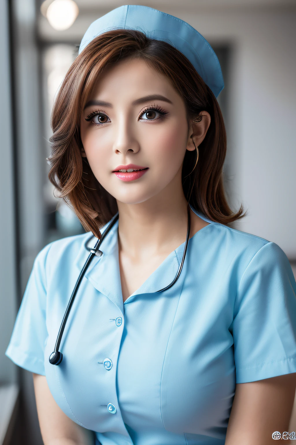 (top-quality,8ｋ,​masterpiece),Upward looking nurse,Bewitching look,lipgloss,huge tit,stockings,
