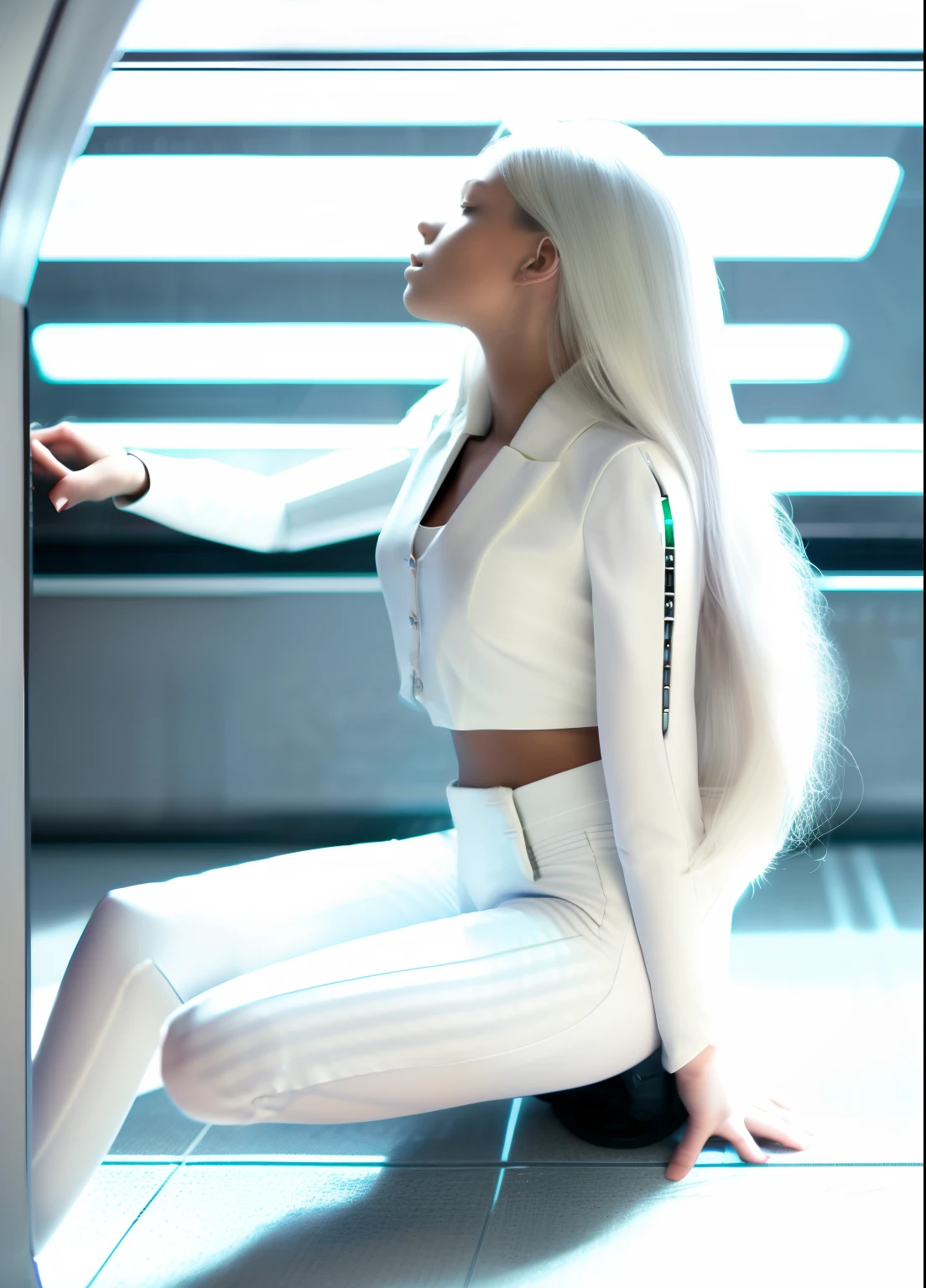 A woman in a futuristic suit kneels on the floor,Beautiful white girl, Looking up at the cybernetic body, long whitr hair,button- shirt,shorter pants!