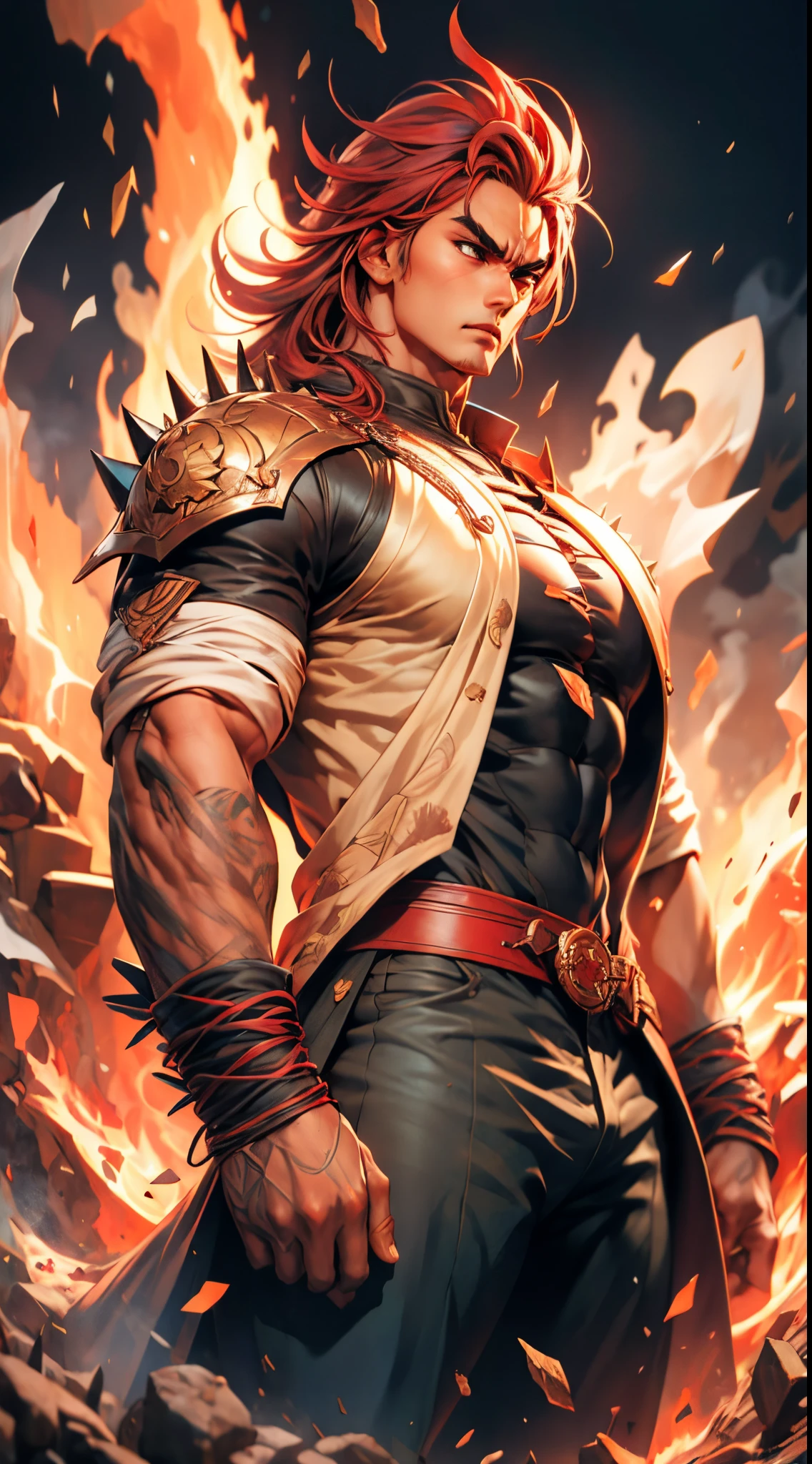 a young man, deep blue short hair, dense and voluminous spiky hairstyle, two long hair bangs, an arrogant demeanor, a fierce gaze, brown skin, simple solid-colored traditional Chinese clothing, a red belt, flowing hem, red wrist guards, coarse cloth trousers, the surrounding air distorts due to intense heat, the background depicts a volcanic crater erupting with molten lava, this character embodies a finely crafted fantasy-style martial arts in anime style, exquisite and mature manga art style, high definition, best quality, highres, ultra-detailed, ultra-fine painting, extremely delicate, professional, anatomically correct, symmetrical face, extremely detailed eyes and face, high quality eyes, creativity, RAW photo, UHD, 8k, Natural light, cinematic lighting, masterpiece-anatomy-perfect, masterpiece:1.5