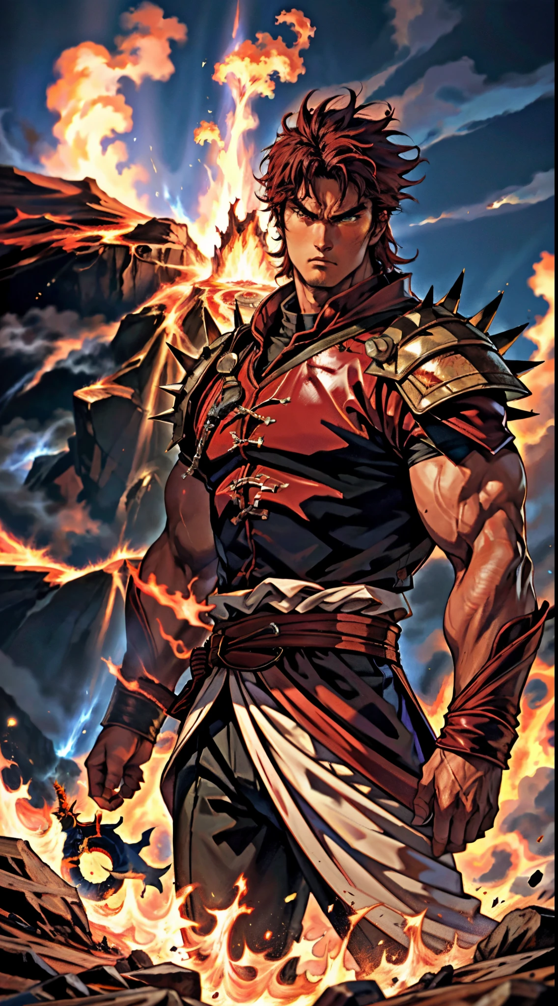 a young man, deep blue short hair, dense and voluminous spiky hairstyle, two long hair bangs, an arrogant demeanor, a fierce gaze, brown skin, simple solid-colored traditional Chinese clothing, a red belt, flowing hem, red wrist guards, coarse cloth trousers, the surrounding air distorts due to intense heat, the background depicts a volcanic crater erupting with molten lava, this character embodies a finely crafted fantasy-style martial arts in anime style, exquisite and mature manga art style, high definition, best quality, highres, ultra-detailed, ultra-fine painting, extremely delicate, professional, anatomically correct, symmetrical face, extremely detailed eyes and face, high quality eyes, creativity, RAW photo, UHD, 8k, Natural light, cinematic lighting, masterpiece-anatomy-perfect, masterpiece:1.5