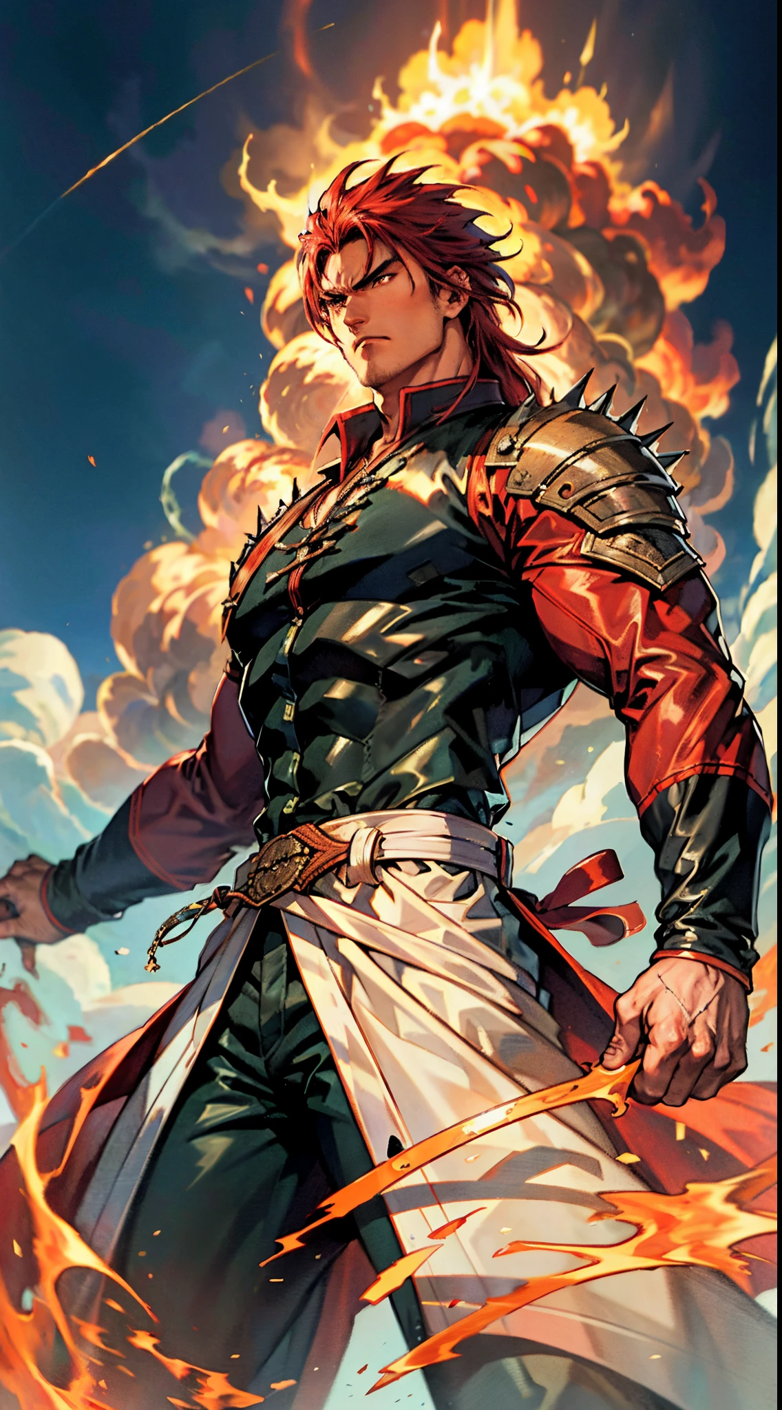 a young man, deep blue short hair, dense and voluminous spiky hairstyle, two long hair bangs, an arrogant demeanor, a fierce gaze, brown skin, simple solid-colored traditional Chinese clothing, a red belt, flowing hem, red wrist guards, coarse cloth trousers, the surrounding air distorts due to intense heat, the background depicts a volcanic crater erupting with molten lava, this character embodies a finely crafted fantasy-style martial arts in anime style, exquisite and mature manga art style, high definition, best quality, highres, ultra-detailed, ultra-fine painting, extremely delicate, professional, anatomically correct, symmetrical face, extremely detailed eyes and face, high quality eyes, creativity, RAW photo, UHD, 8k, Natural light, cinematic lighting, masterpiece-anatomy-perfect, masterpiece:1.5