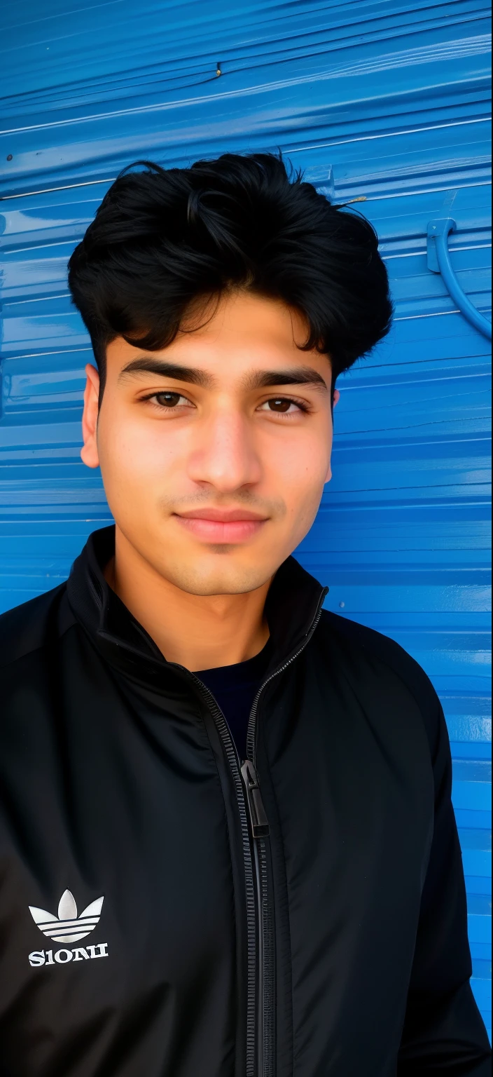 arafed man in a black jacket standing in front of a blue wall, with accurate face, face picture, front profile!!!!, around 1 9 years old, very very low quality picture, without helmet, with kind face, very clear picture, without beard, taken with sony alpha 9, good looking face, ayan nag, very very very beautifull face