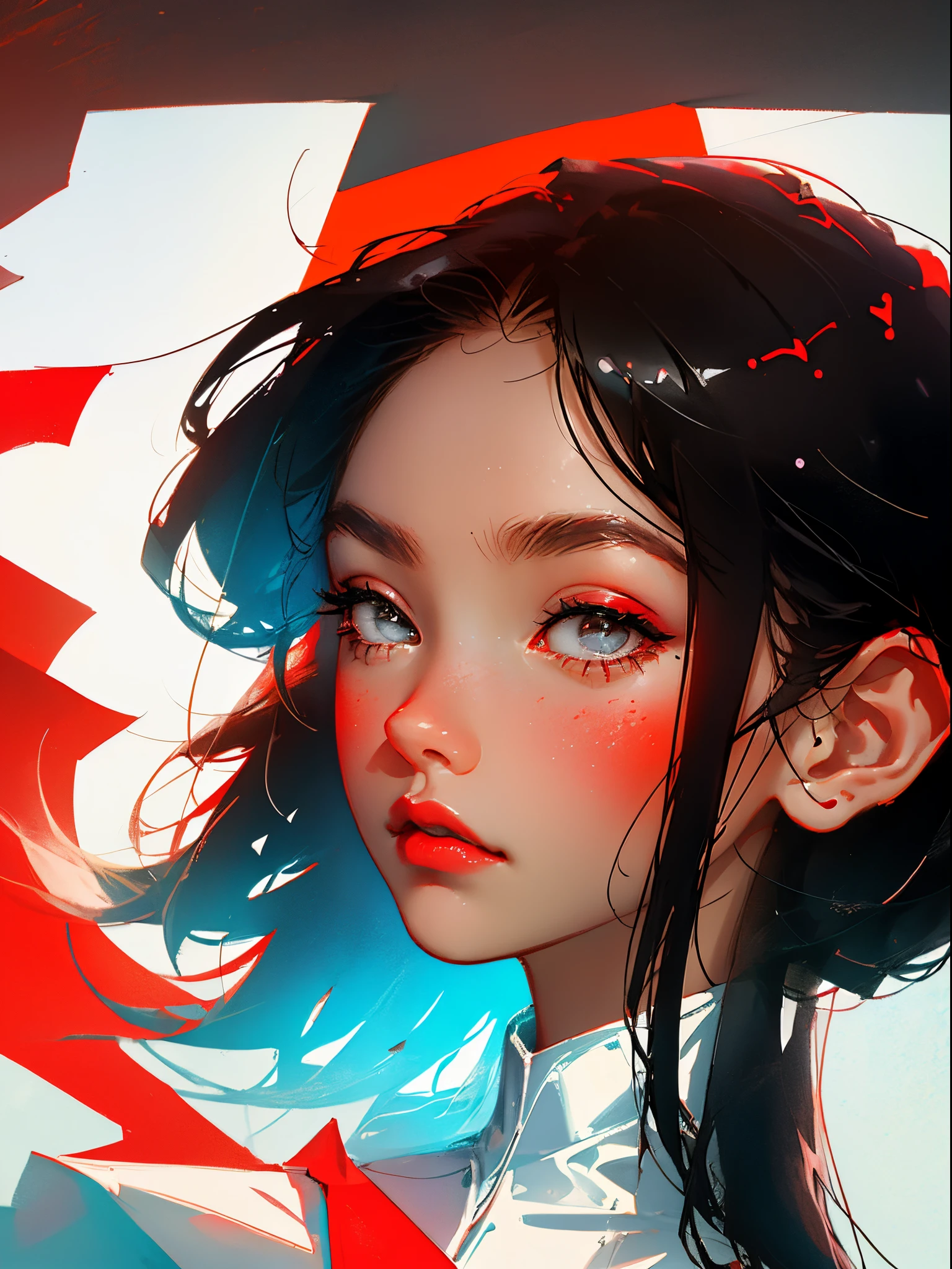 (Face close-up: 1.1), (side view: 1.3), avatar close-up, trendy, modern, red, black and white fluorescent, flat style, minimalism, graphic illustration, fashion magazine, Tsuruta Ichiro style