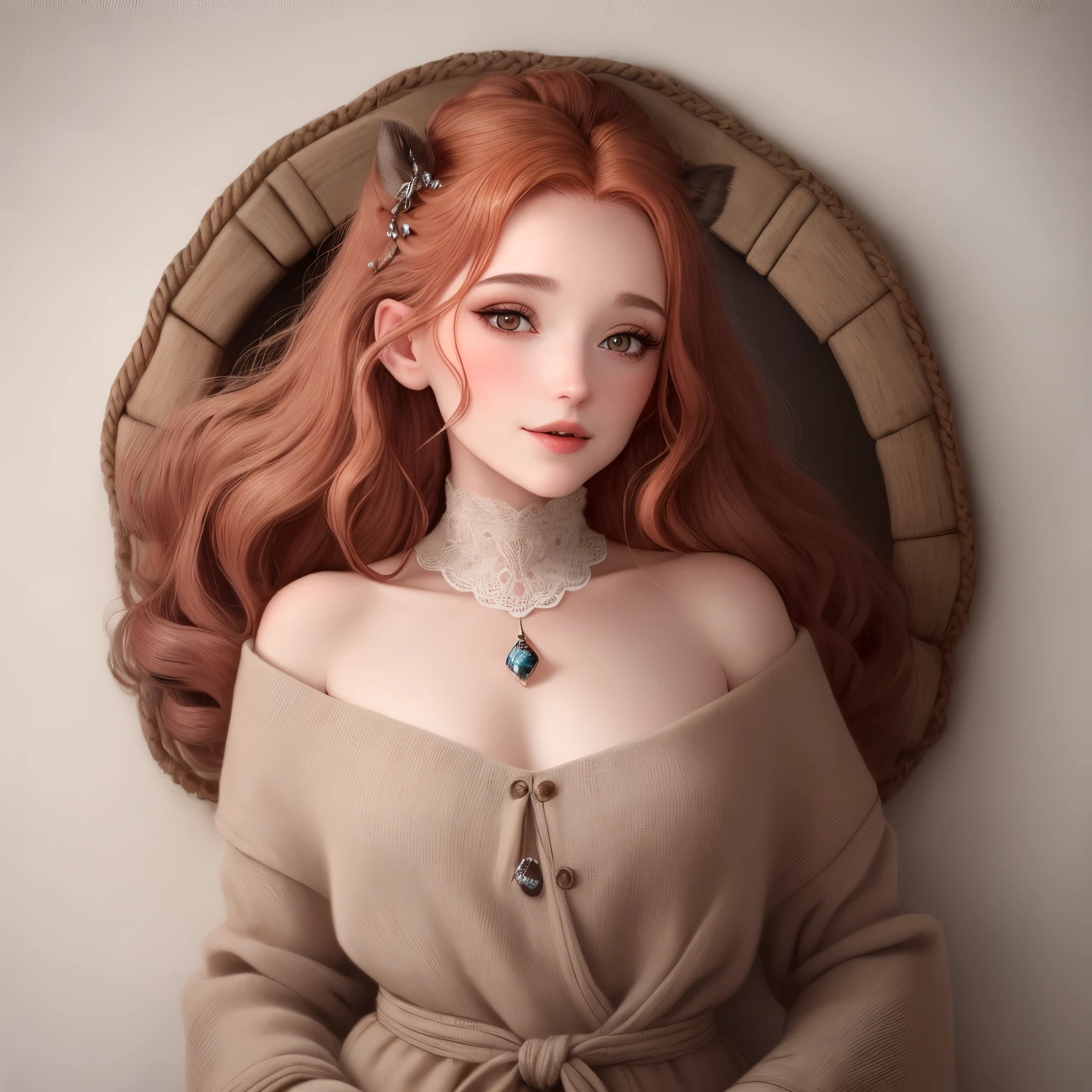 Un visage humain réaliste, une bouche mat, un nez en trompette, traits de visage durs et froids , des yeux en amande marron, de cheveux longs ondules rouge foncé et grain de beauté au dessus du nez un style cottage y2k