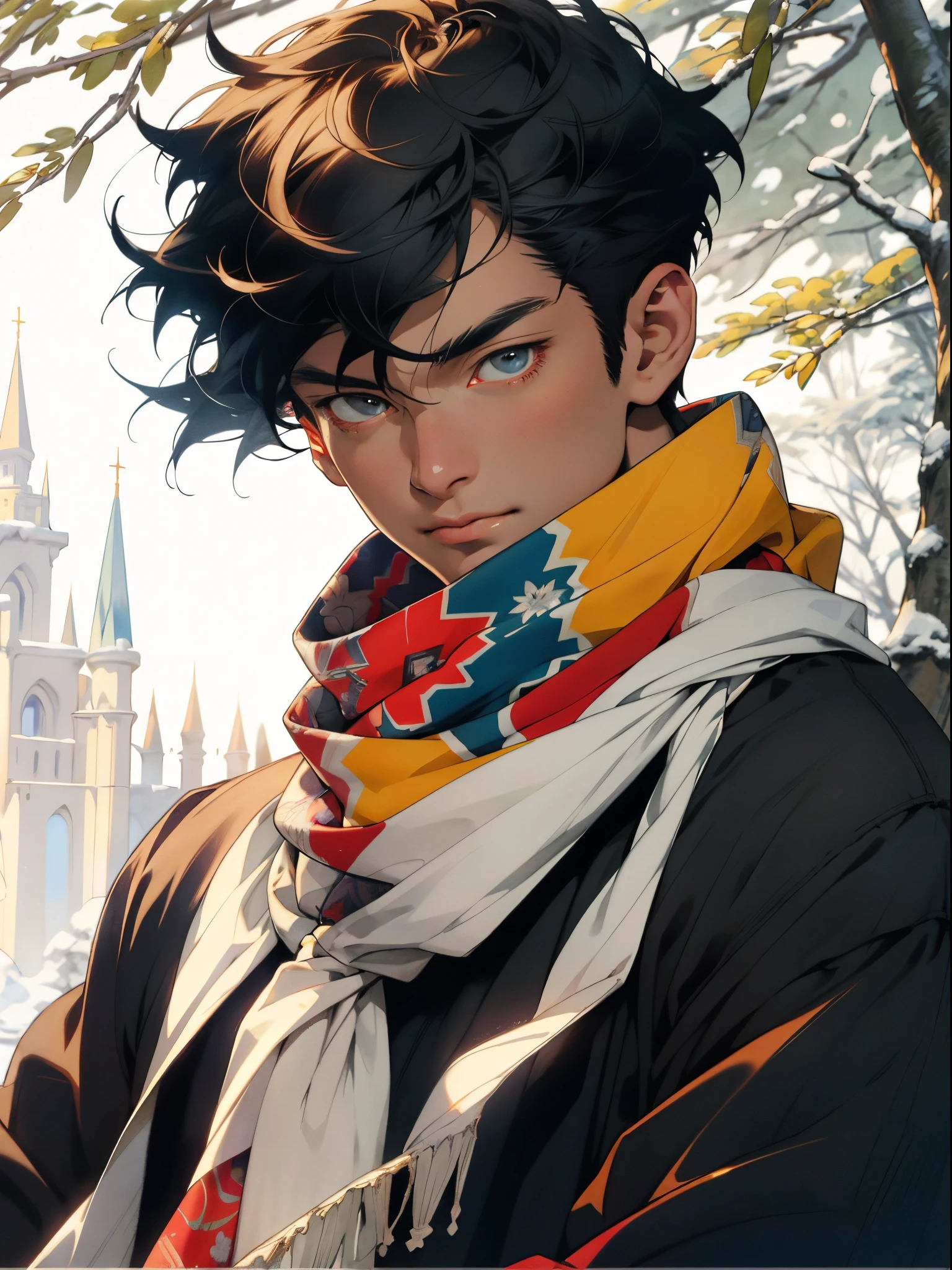 Realistic, (masterpiece, top quality, best quality, official art), very detailed, colorful, most detailed, gods, short hair, black hair, (magic), handsome man, snowflake, white scarf