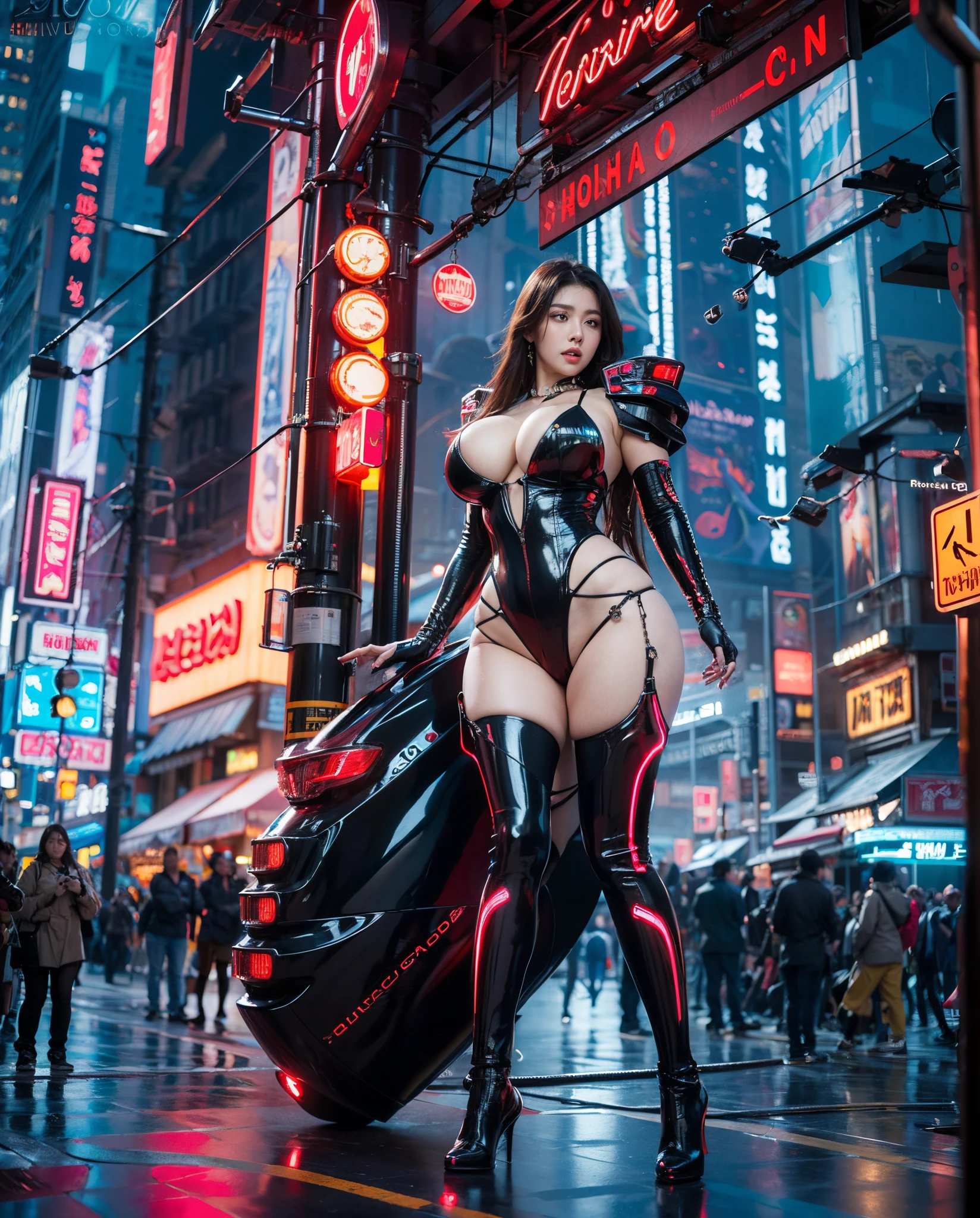 Best quality, masterpiece, (photorealistic:2), meticulous detail, high res, 8k raw photo, a hot beautiful voluptuous futuristic woman wearing mecha outfit in futuristic cyberpunk city full of neon light, super big breast, long legs, big hips, sexy, blushing face, embarrassed