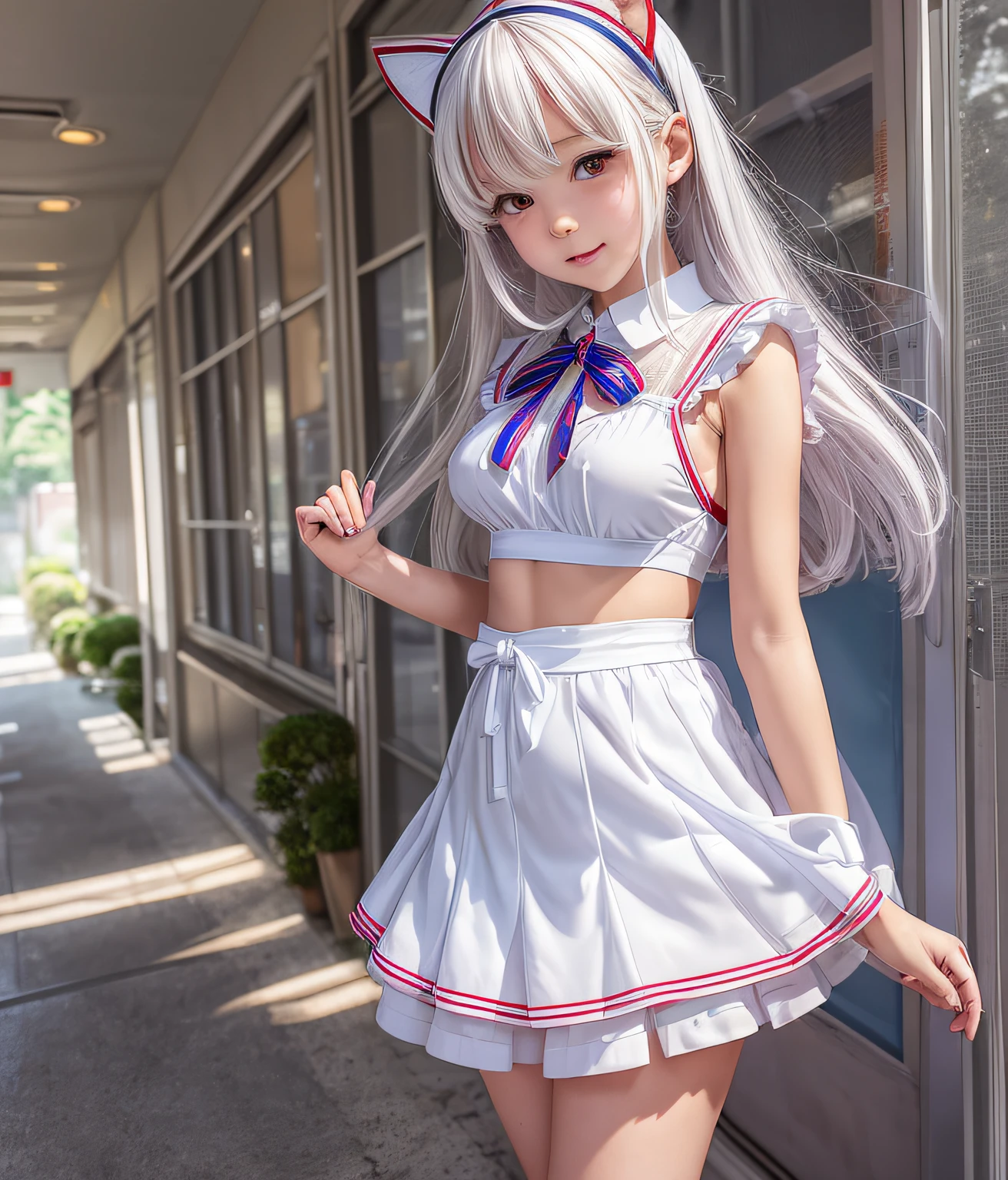 there is a woman in a white dress with a spider - man costume on, white skirt and barechest, cosplay of a catboy! maid! dress, wearing white skirt, dressed as schoolgirl, small curvy ****, cute schoolgirl, wearing skirt, touching her clothes, belly button showing, anime girl in a maid costume, japanese girl school uniform