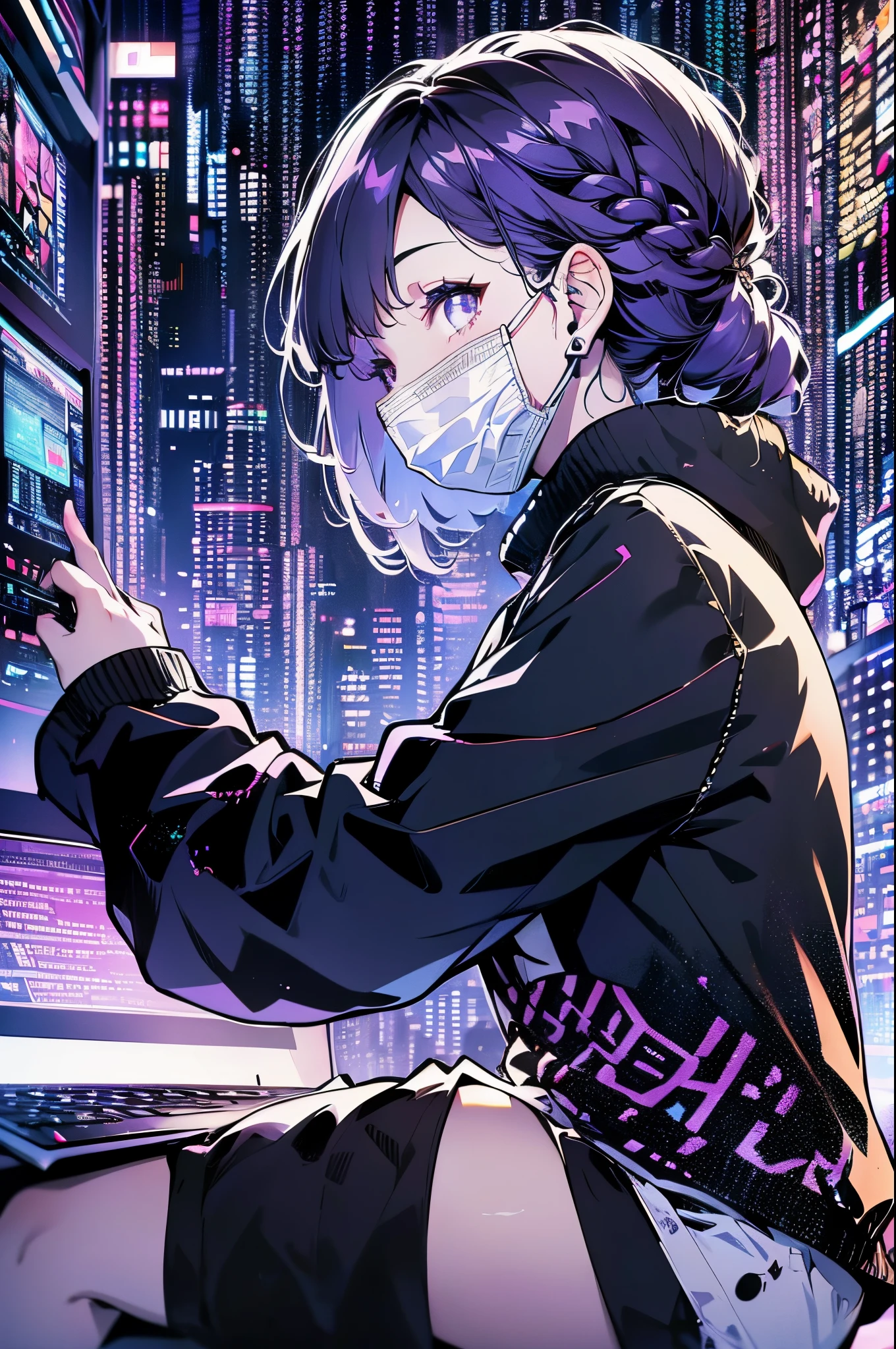 Very young girl, Black mask, White skin, code on computer, hacker style, Curve,sitting on、Seen from the side、Pale purple, Dark, hair braid around ears, Purple hair, (((black masks)))、cables, Retro, Cyberpunk, data center background, white purple theme, nightcity、thigh maximum quality、Big