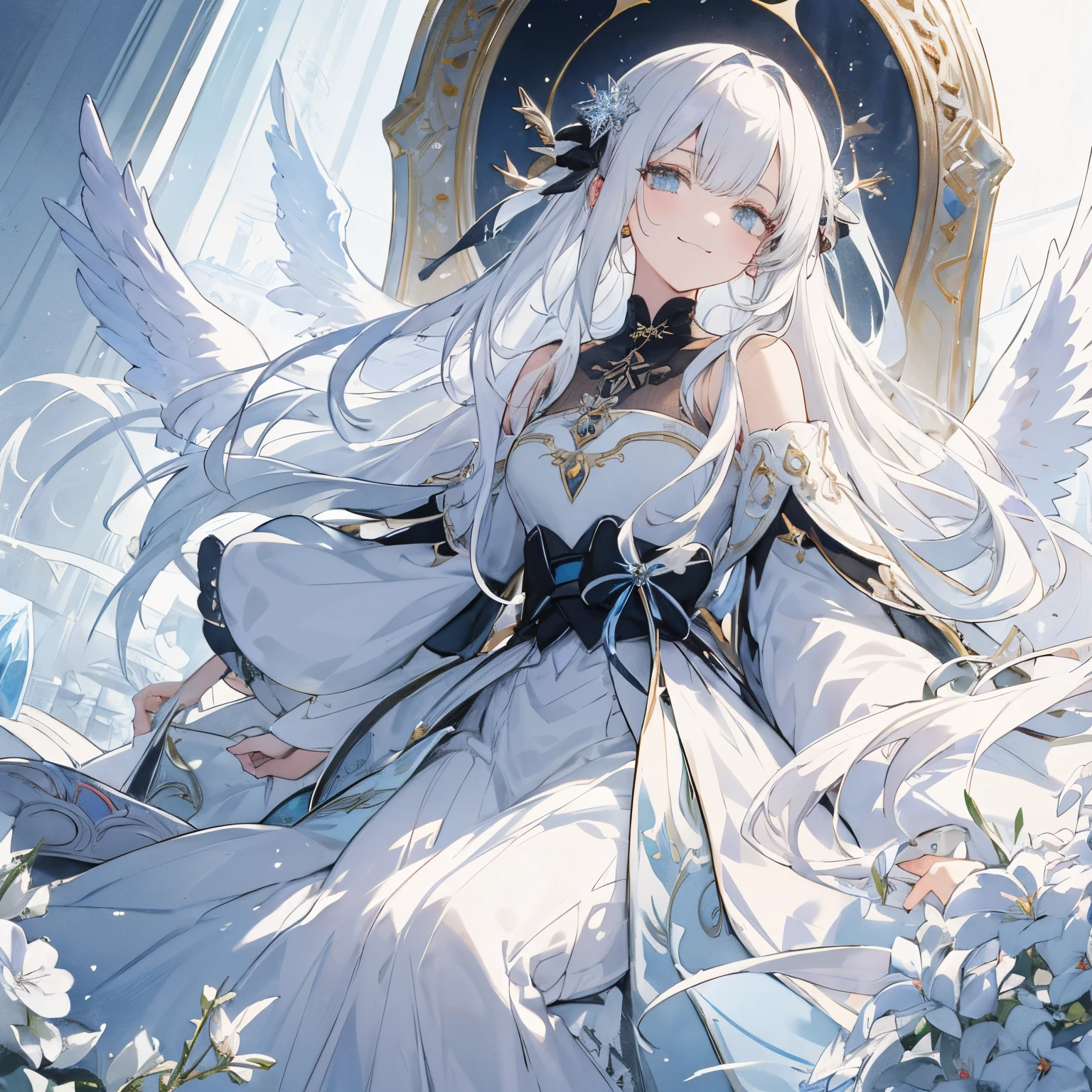 Transparent watercolor,girl with,Jewel Eyes,Beautiful arrangements and motifs、A slight smil、Originality、GAMECHARACTER DESIGN、ornamented、ren、 Detailed picture , depth of fields , Fantastic, Beauty、Transparency、Lustrous hair、GAMECHARACTER DESIGN、(one girls:1.0)、Fallen Angel、Black angel wings、white hair、magia、Condescending to people、Cold、cold smile、sneering、despise