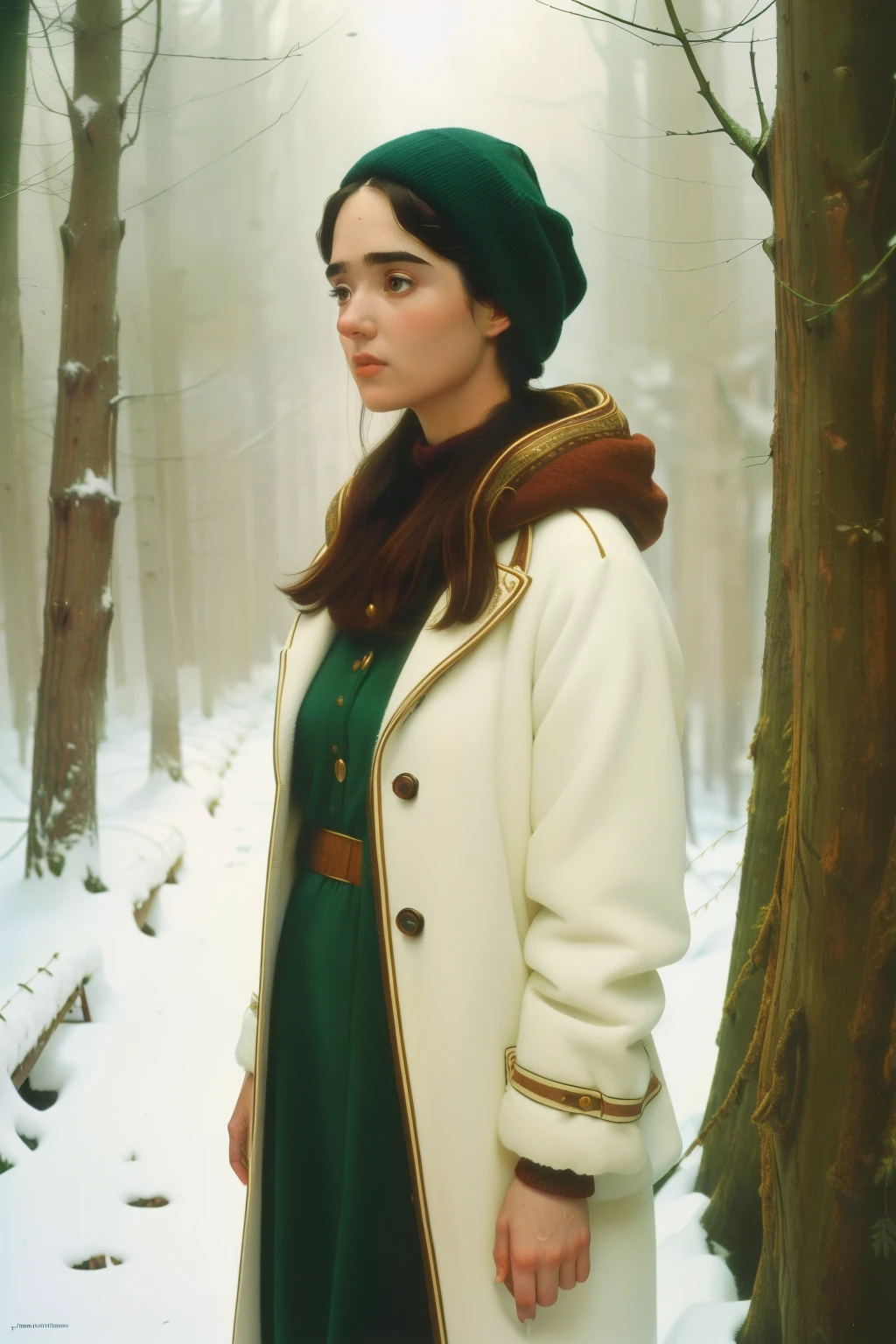 1997, Berkshire County, Massachusetts. Pre-raphaelite ((((45-year-old)) Jennifer Connelly)), winter, snow, (narrow path) in the (((intricate selvatic forest))), ((((warm Clothing from the 1990s)))), ((short bob Hairstyle of the 1990s)), ((Wes Anderson cinematic style)), colorful