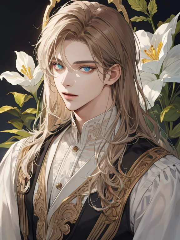 (Extremely Delicately Beautiful:1.2), 8K,(tmasterpiece:1.0),(The best_quality:1.0), 2boy, Upper body body, long whitr hair, and intricate details, enlarged textures, and intricate details, Exquisite eyes and detailed face, and intricate details, brunette color hair, (Keep your mouth shut), Large, round eyes, equal gaze, (A male god), Flowers