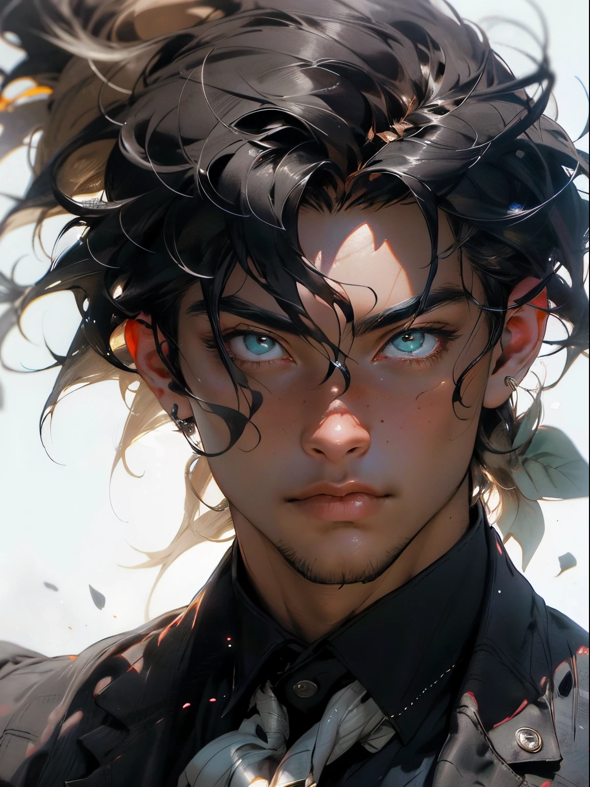 moody lighting, tranquil, calm, glow,masterpiece, best quality,masterpiece, best quality, John Singer Sargent, 1boy, elf prince, blonde ponytail, oil painting portrait, simple background,(absurdres, highres, ultra detailed), 2d, cheDark Fantasy,(masterpiece, best quality, ultra-detailed, highres, best illustration),perfect face, ((solo, solo focus)),sidelighting, lustrous skin,(bloom), (shine), ray tracing,(absurdres, highres, ultra detailed), 2d, cheDark Fantasy,(masterpiece, best quality, ultra-detailed, highres, best illustration),perfect face, ((solo, solo focus)),sidelighting, lustrous skin,(bloom), (shine), ray tracing, (absurdres, highres, ultra detailed), 2d, cheDark Fantasy,(masterpiece, best quality, ultra-detailed, highres, best illustration),perfect face, ((solo, solo focus)),sidelighting, lustrous skin,(bloom), (shine), ray tracing, An incredibly detailed portrait of a handsome boy with dark skin, golden eyes, long black messy hair, The focus should be on his extremely detailed face, which should be breathtakingly realistic and capture every nuance of his expression. realistic, shirtless, close up to his face, portrait of himself, upper body, focus on face, half body, portrait, detailed skin, matte skin, soft lighting, subsurface scattering, realistic, heavy shadow, masterpiece, best quality, ultra realistic, 8k, golden ratio, 30 years old man, older man, black hair, facial hair, focus on head, only head portrait, light-skinned, light skin, face focus, head shot, focus on head portrait, Oil PaintingClose-Up(CU),Sunshine shines from behind the characters. eyes are vivid, and he shirtless with long black hair surrounded by blue butterflies. In a European medieval style, G, --ar 3:4 --s 150 --niji 5 --style expressive, 1man, male character, handsome man, male, beautiful young man character
