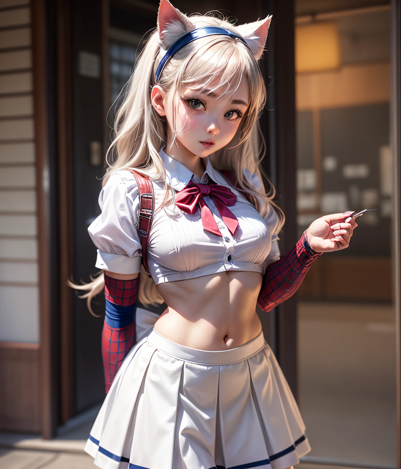 there is a woman in a white dress with a spider - man costume on, white skirt and barechest, cosplay of a catboy! maid! dress, wearing white skirt, dressed as schoolgirl, small curvy loli, cute schoolgirl, wearing skirt, touching her clothes, belly button showing, anime girl in a maid costume, japanese girl school uniform