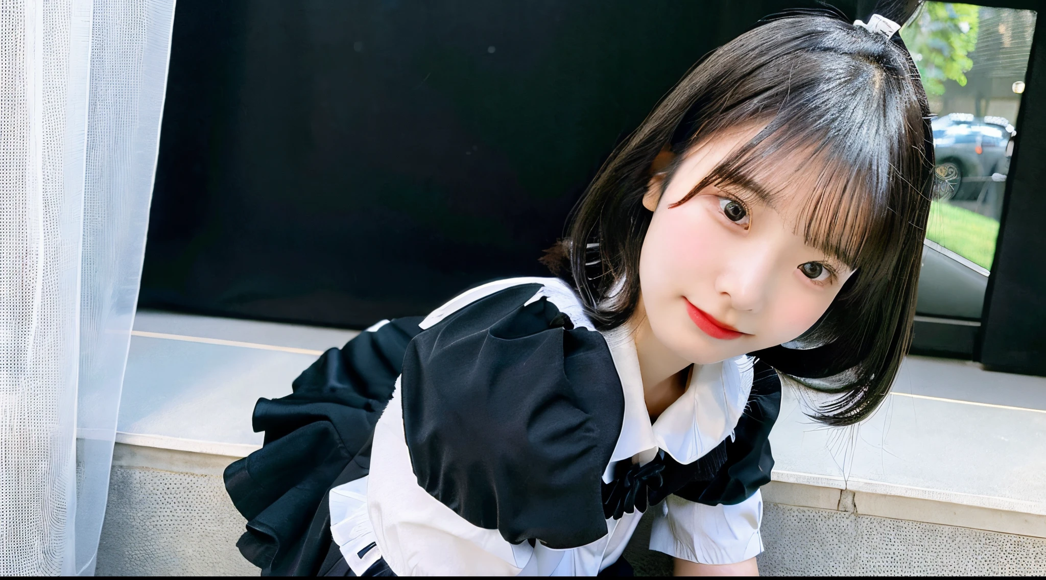 Cute waitress 18 years old wearing a black miniskirt