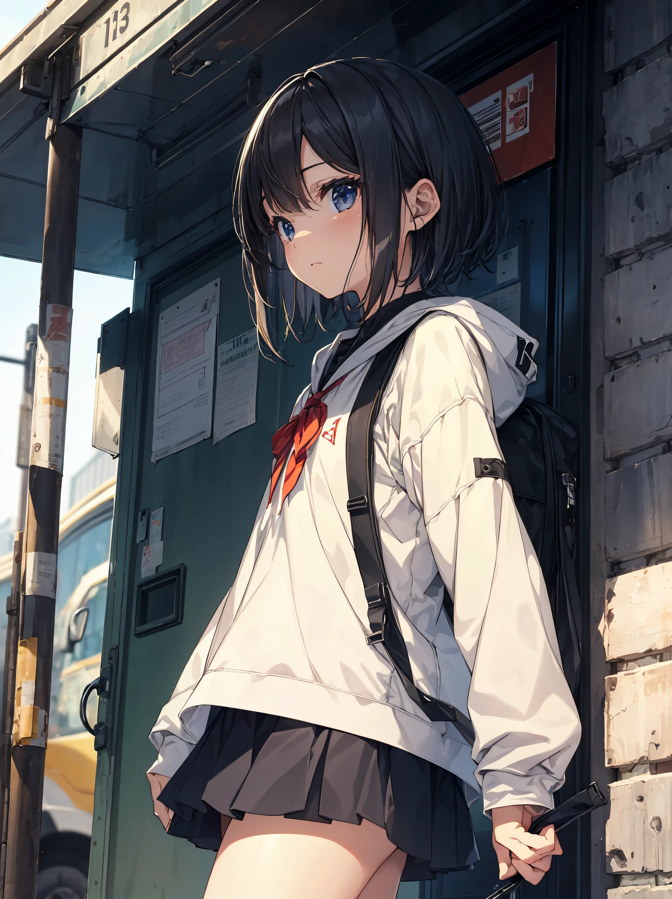 Portrait, Documentary, Photo, A girl is 13-year-old gender-neutral middle school student with short black hair and small chest, walking on the school commute route with a tired expression, Short hair, School uniform, skirt, School commute route, High quality, Realistic, Eye-level shot, Medium shot, side view, Natural lighting, School commute,break,1girl, (Solo,Loli,child,13-year-old:1.5),a junior high school student, androgynous charm, (Very Short hair), flat chest, Small butt, black eyes,disgusted eye,break,((top quality,ultra-detailed,high resolution,extremely detailed CG, anime,  beautiful anime portrait, anime art wallpaper 8k, perfect anatomy, super detailed skin, cinematic lighting,))