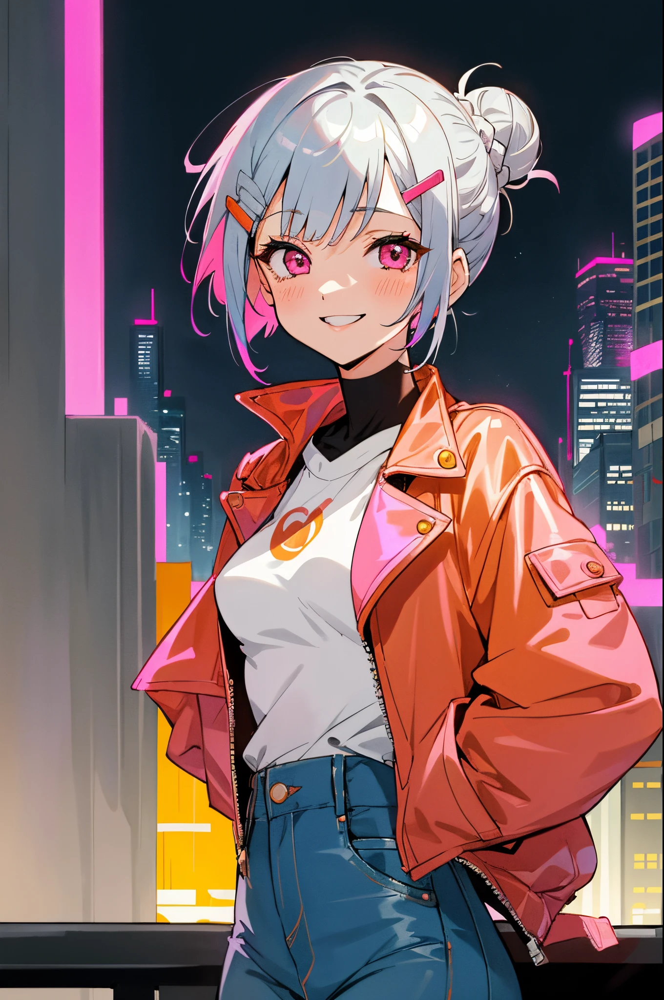 1girll、独奏、colourfull、upper body bromide、Short hair with silver bob styled in a bun with hair clip, Pink eyes、small tits、orange leather rider jacket、Blue jeans pants、A smile、Laugh、Building rooftop、You can see skyscrapers at night