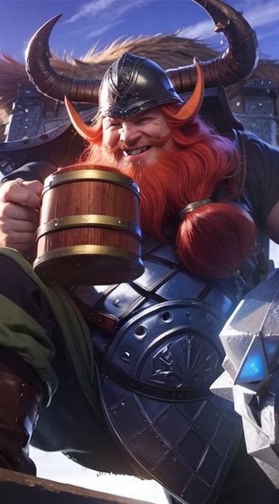 Fat old man, viking style, read beard, red hair, smile theet open