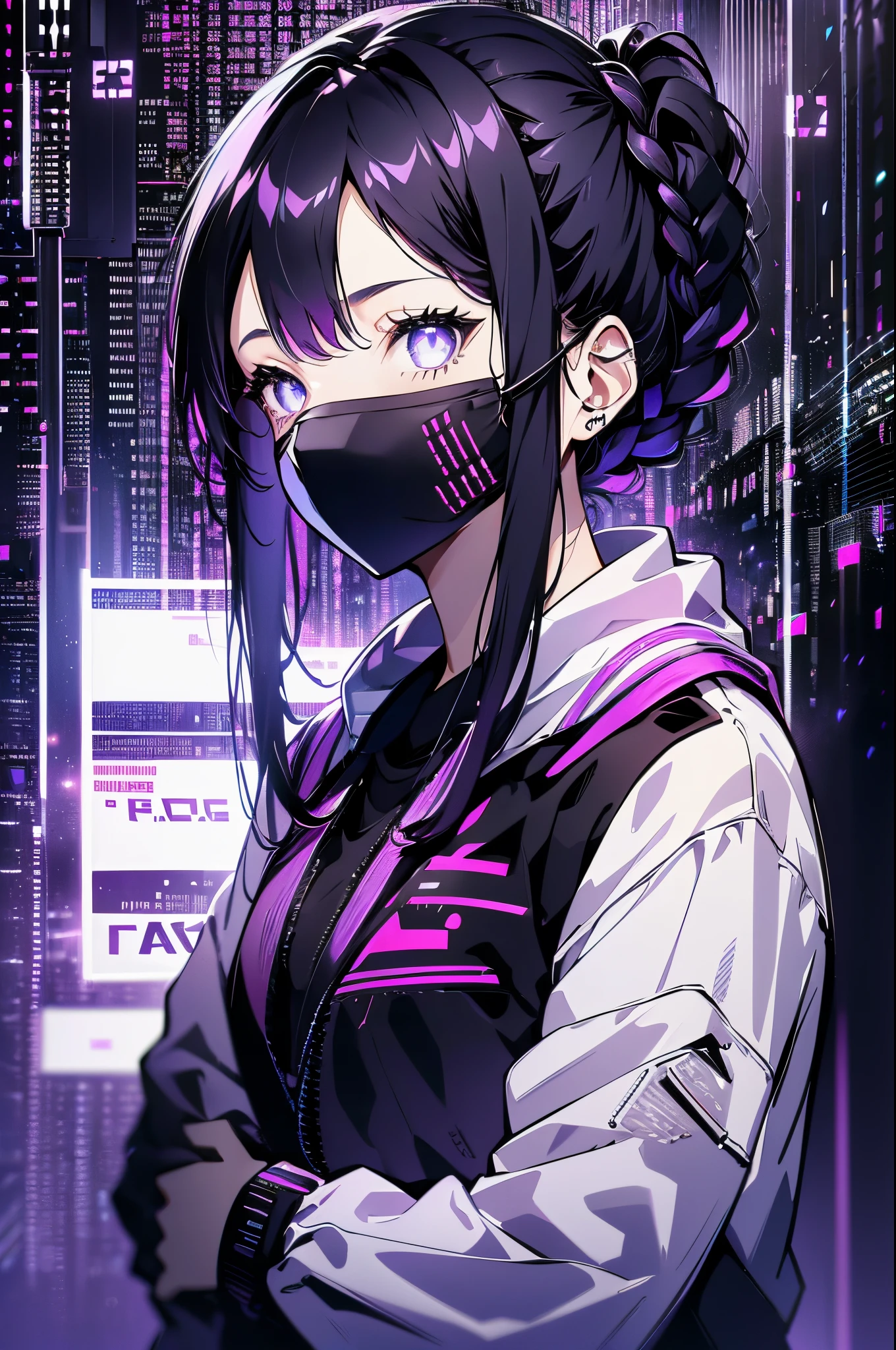 Very young girl, Black mask, White skin, code on computer, hacker style, dynamicposes、love purple, Dark, hair braid around ears, Purple hair, (((black masks)))、cables, Retro, Cyberpunk, data center background, white purple theme, nightcity、thigh maximum quality、Big