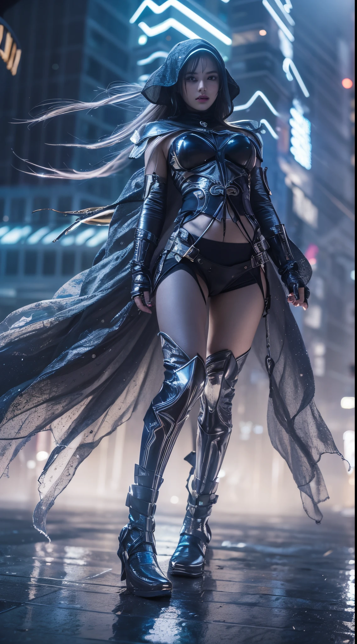 otherworldly powerful action low angle full length shot of a superheroine with stylish silver light glitter armour and high boots and long platinum hijab and bright eyes ready to fly in a futuristic city in the style of Artgerm, stunning, floating hair, visible belly button, thunderstorm and lightning, stones rising up under her feet, view from her feet, intentional camera movement, visually mind-blowing, photograph taken by fujifilm XT-4, f/1.8 lens, tilt-shift lens, tilt angle perspective, award-winning photography, breathtaking beauty, magic powerful atmosphere, graceful, ethereal, feminine pose, perfect fit body, alluring, scandalous and flirty, dreamy, muse, ethereal soft lighting, hyper-detailed, beautifully color-coded, photorealistic, soft shadows, clean sharp focus, depth of field, dynamic angle, dynamic movement, mesmerizing and dynamic composition, beautiful bokeh --ar 9:16 --s 1000 --c 10  --q 2 --v 5.1 --style raw