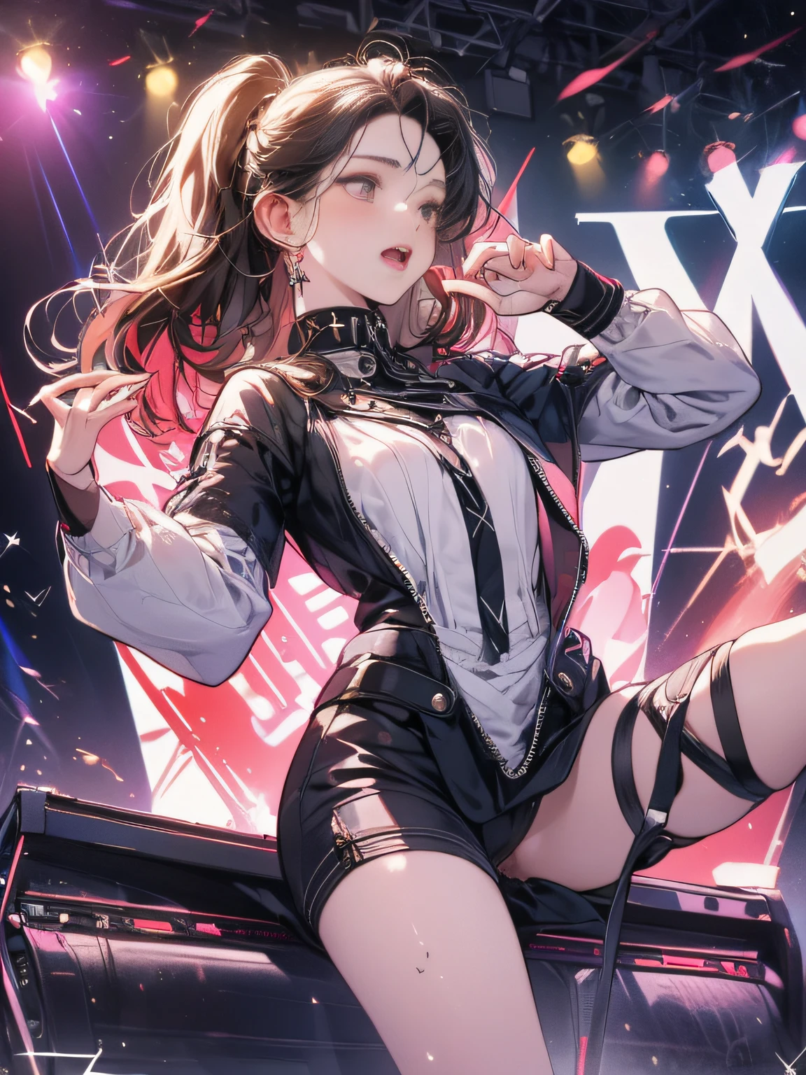 (looking away, shift off center, cinematic perspective), 1woman, singer, (((the letter X stands for the synthesizer standing on stage in this prompt))), straddle X, put on her foot X, X and her crotch are touching, (orgasm face), small earrings, small breast, A large audience, on stage, Live venue,