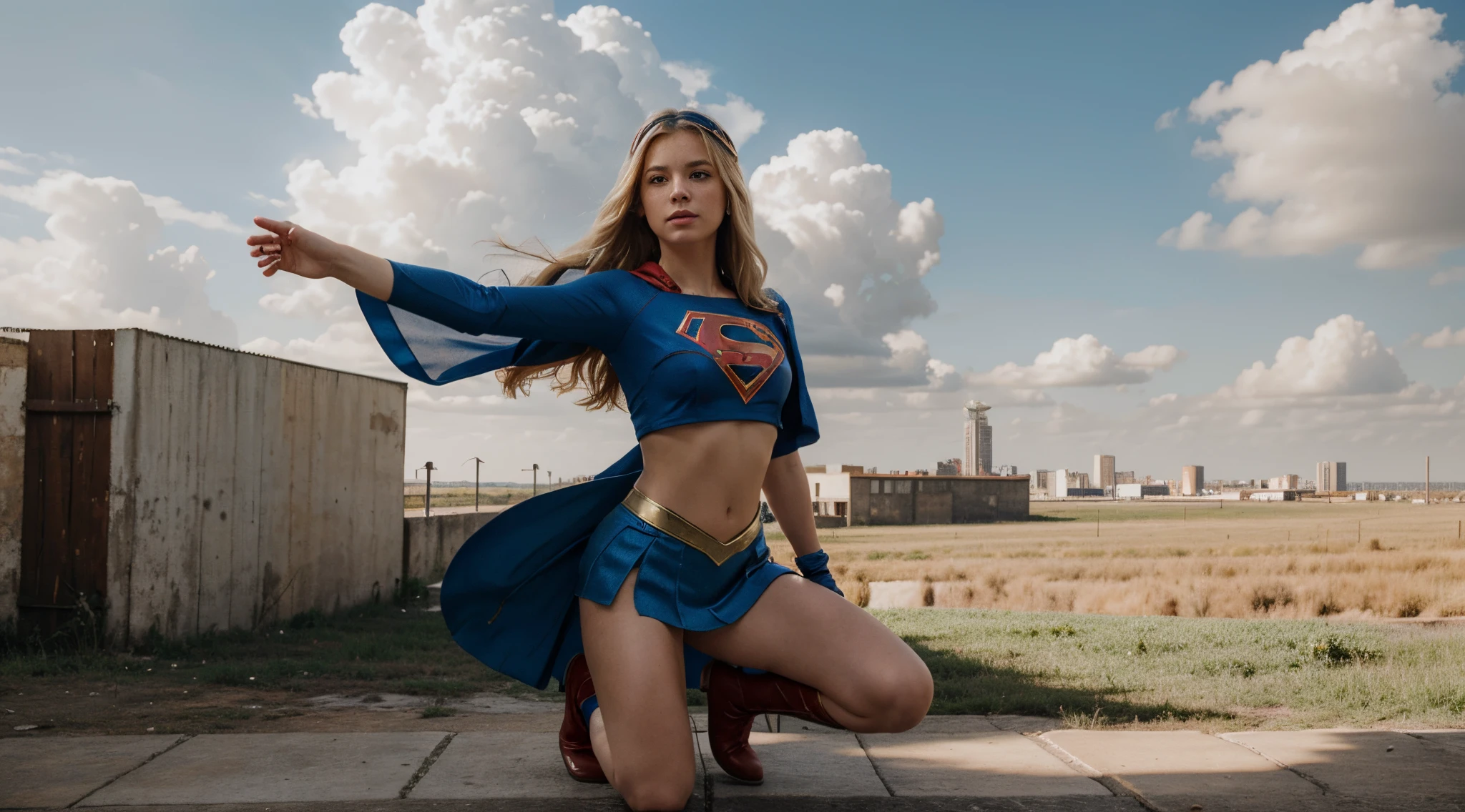 (cowboy shot), sfw, (masterpiece), (best quality:1.0), (ultra highres:1.0), detailed eyes,
BREAK
Supergirl, 1girl, long blonde hair, midair, flying
hairband, \(white\) crop top, short sleeves, cape, blue pencil skirt, gloves, boots
BREAK
(clouds, city, gorgeous view)