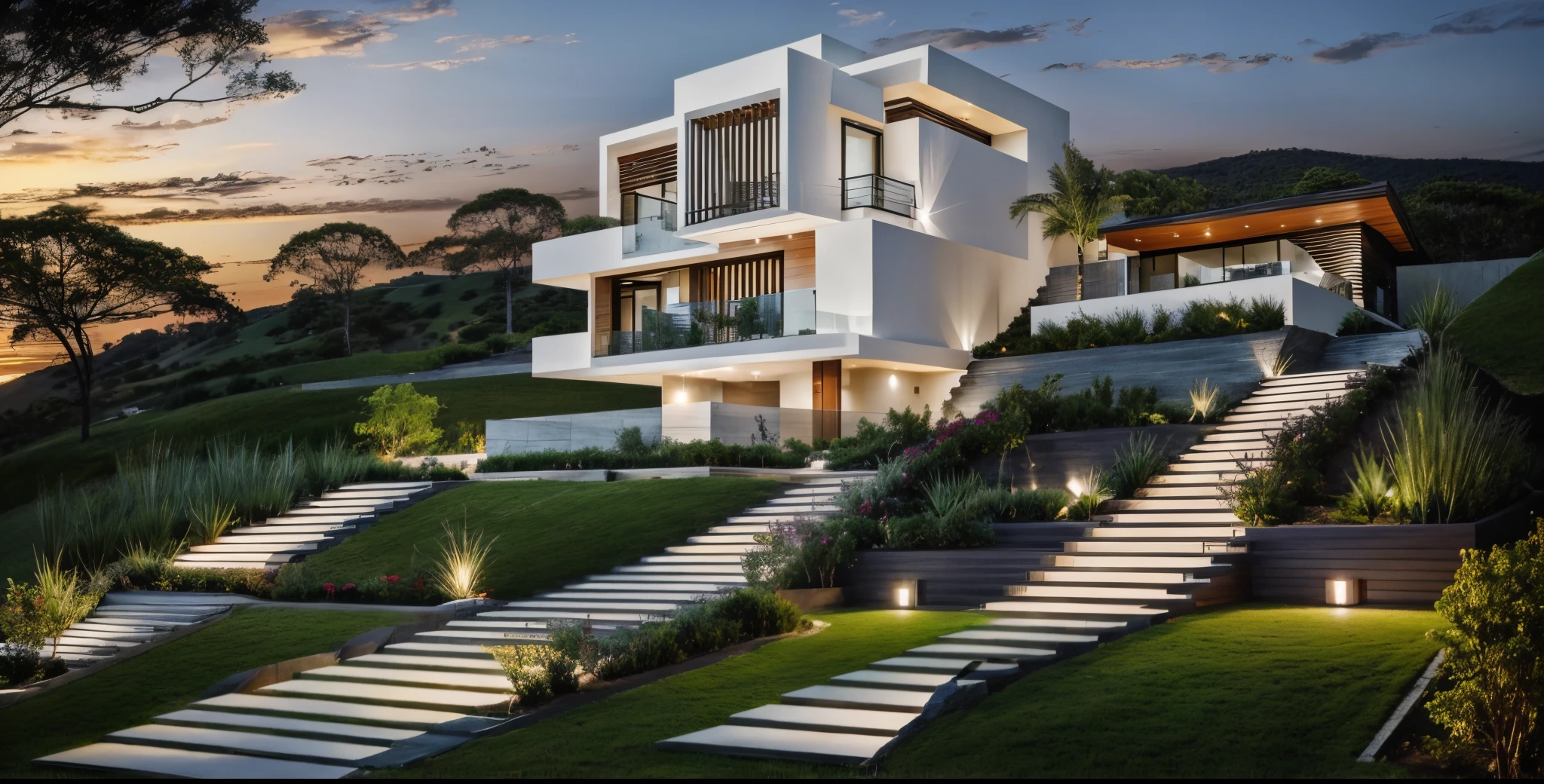 Exterior house on hill, contemporary style, masterpiece, high quality