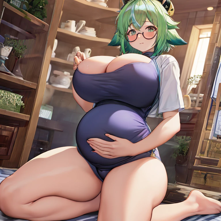 Pregnant, huge belly, huge breasts, thick thighs. (Best quality, detailed, full body)