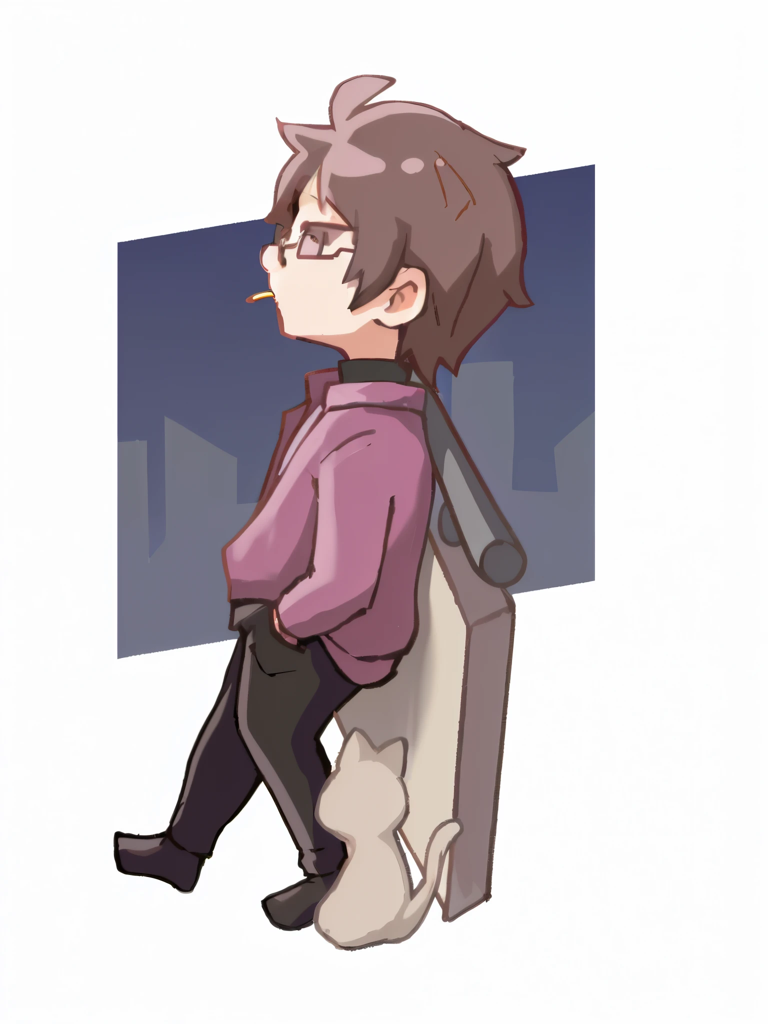 Cartoon boy leaning against the wall with a cat, Morudeo, natta,In an anime style,eye glasses,