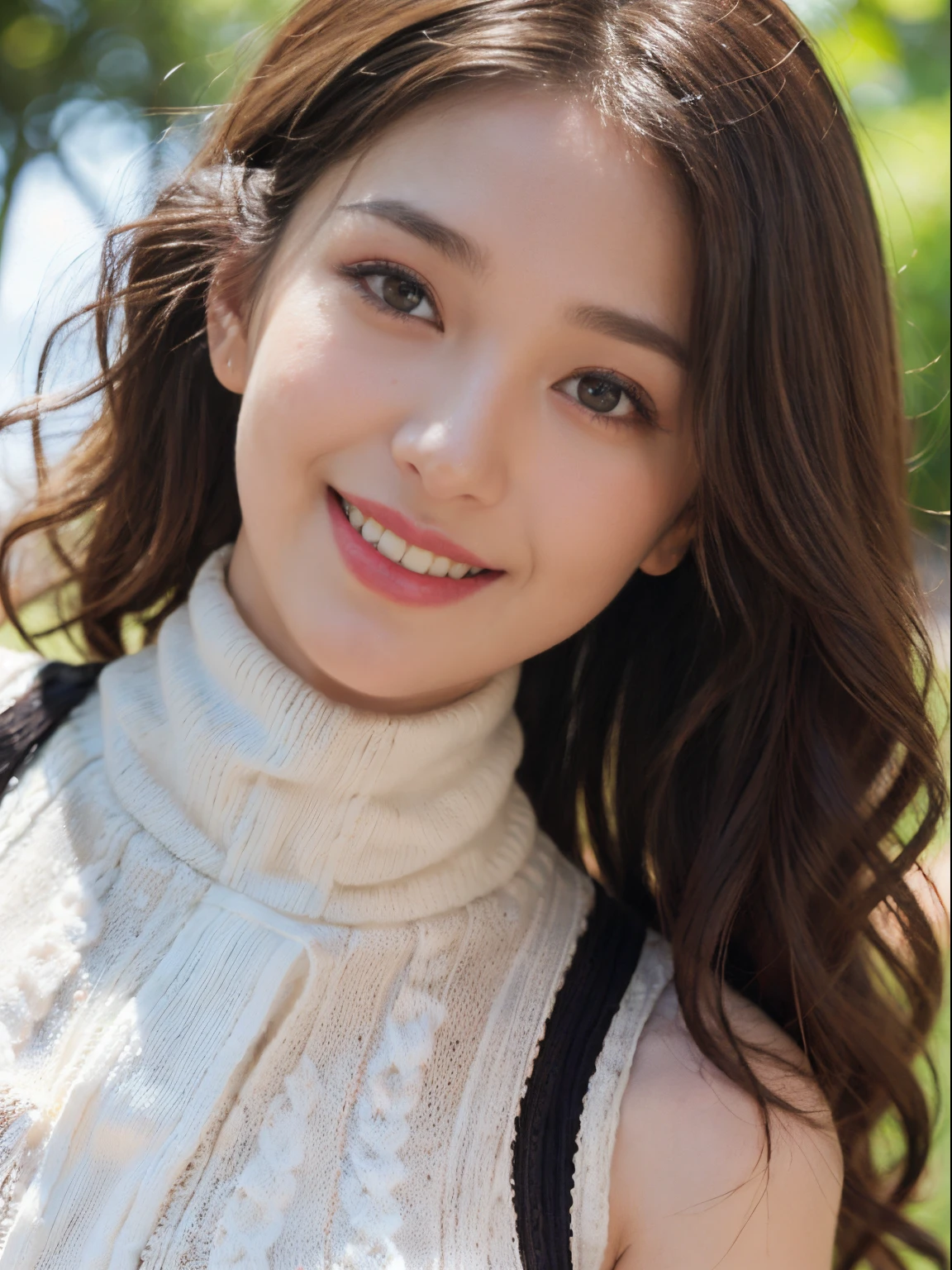 ((((top-quality))))、(((Ultra Precision CG16K Wallpapers)))、(((masterpiece)))、(((ultra-detailliert)))、(((Ultra-extreme details)))、1Man Woman、a matural female、a 25yo woman、((Korean Face))、((extremely beautiful face))、((cool beauty:1.5))、((Semi-long cut、curly hair:1.3))、(shinny hair)、Bangs up to the eyebrows、Beautiful brown hair、Beautiful delicate eyes、Brown eyes、raised eyebrows、lofty nose、small nostrils、seductive lips、slightly open mouth、Beautiful breasts、C-cup size breasts、cleavage of the breast、Plump body、perfectly proportions、perfect anatomia、Beautiful and detailed shading、Beautiful natural lighting、Beautiful detail glow、depth of fields、(((a high chroma)))、((realisitic:1.9))、((Vivid:1.4))、((Beautiful skin))、((Skin texture))、((Realistic skin feeling))、perfect-composition、((up close shot))、((Frontal angle of view))、((a smile:1.3))、(Eyes looking at me)、Bright sunshine、((a park:1.3))、(Blur the background)、((Wearing brown high neck summer knit、sleeveless:1.8))、