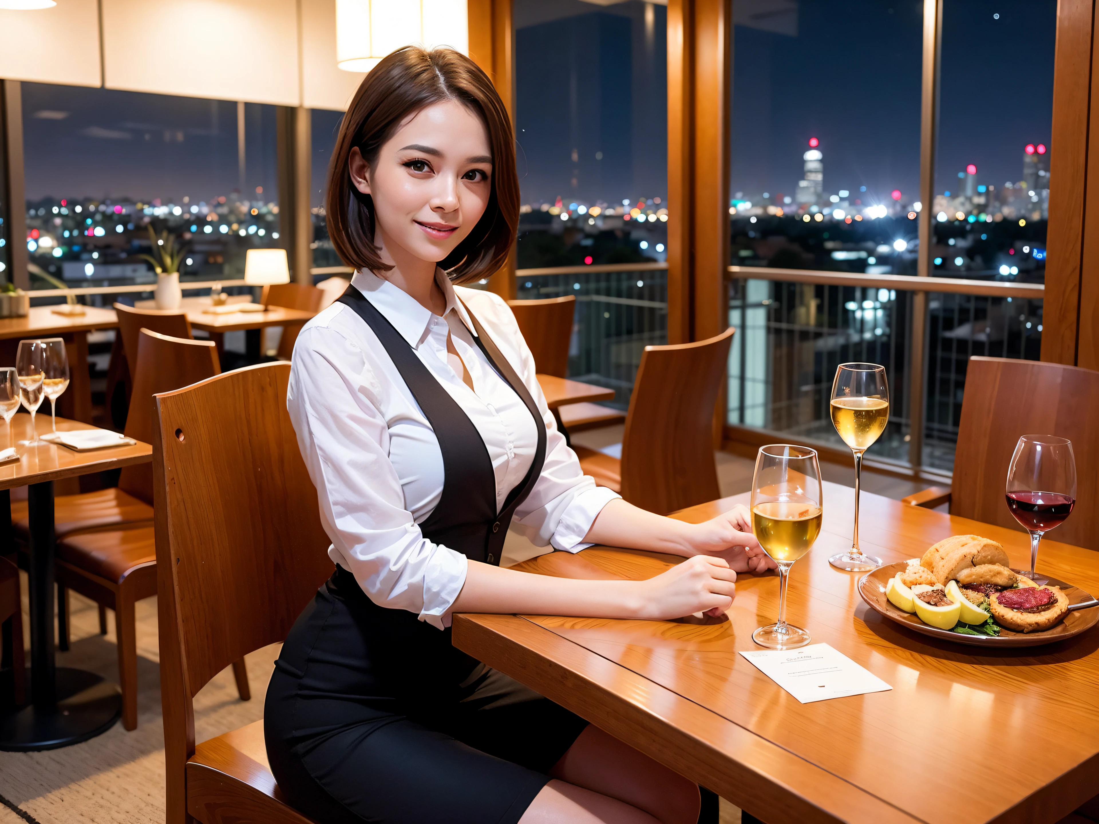 (64K, UHD, top quality, masterpiece: 1.2), (realistic, photorealistic: 1.37), super detailed, pretty woman 1 person, (slim face), (slim body), (brown hair), (short cut), cheeks slightly blushing, (35 years old), 38 years old, solo, beautiful detailed urban night view outside the window, restaurant, wine glasses sit, at night, in a prominent place (from the waist up) NovaFrogStyle, Actress, Model, Waist Up, White Wine, Slim, Wine Glass, Super Clean Night View, Wine Glass Put in the Middle, Happy Smile, (Smile: 1.15), Beautiful Fine Eyes, Upper Body, Bust Japan Up, Night, Short, Short, Actress, Model, Waist Up, White Wine, Slim, Wine Glass, Super Clean Night View, Wine Glass Put in the Middle, Happy Smile,