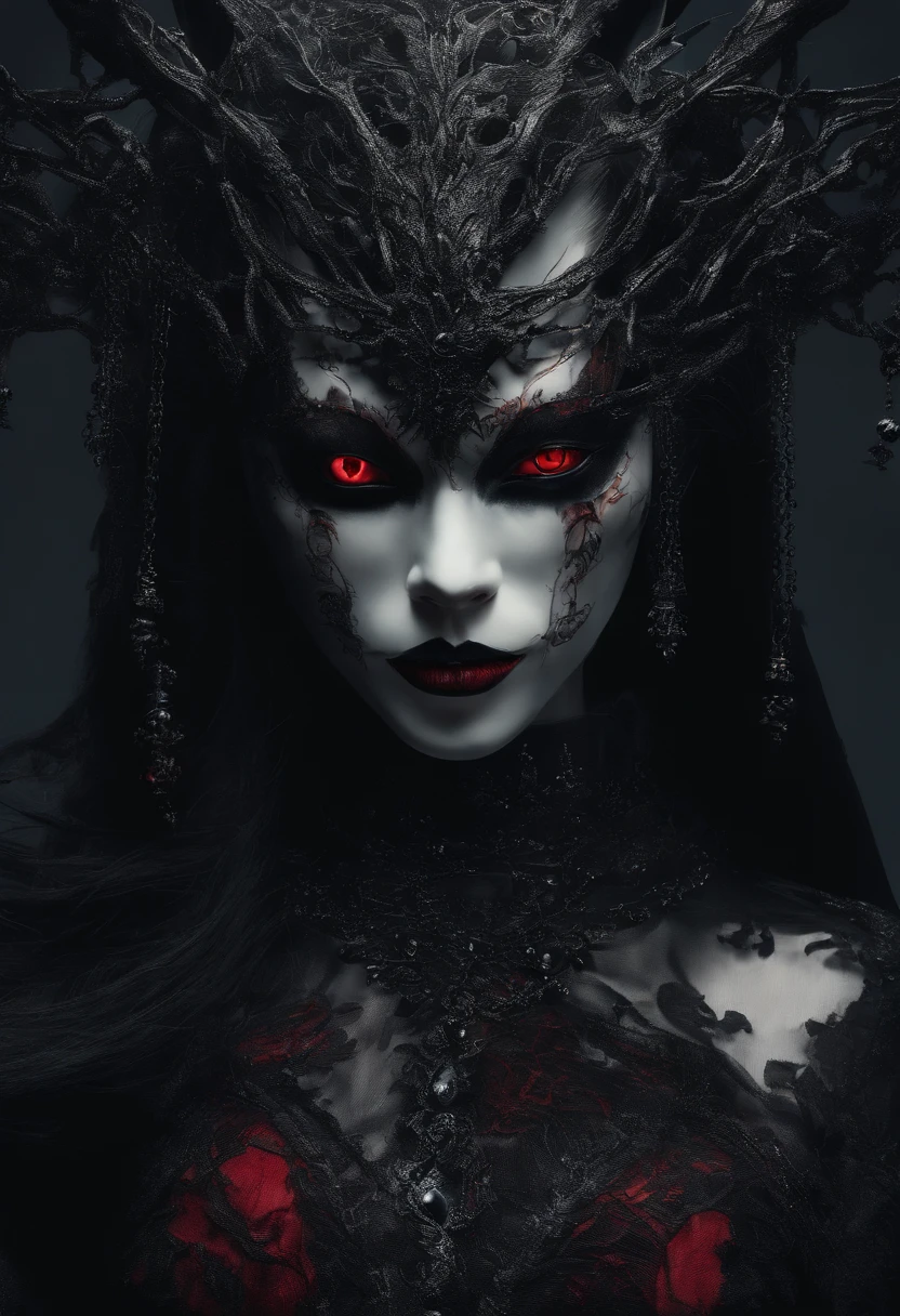 Black cat motif、Black and red tones、Vibrant colors、((​masterpiece)))、(((top-quality)))、((ultra-detailliert))、(A hyper-realistic)、(highly detailed CGillustration）、Official art、Lisbon in the first half of the 20th century、Decadent、Madame Cat Black、Masquerade、Elegance、Masks that cover most of the face、Colorful and detailed mask design、bob cuts、matchless beauty、Fans、Female Solo、gorgeous dress、jewely、Perfect Angle、→ direction、perfect-composition、full body Esbian