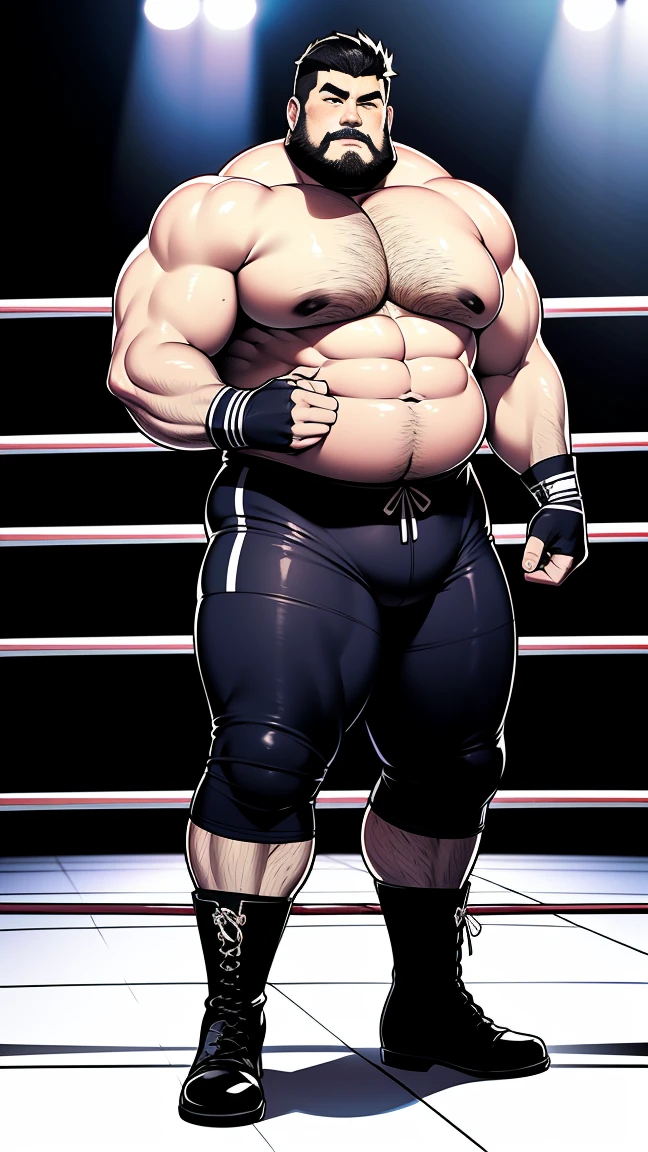 the only person，male people，Muscle wrestler，musculous，Stout wrestler，Asian people，jpn，Uncles，60-year-old middle-aged man，Short hair details，Short hair details，Wrestling boots，Full body like，Panorama characters，WWE ring，WWE American professional wrestling，spotlight lights，cellshading，visions，pantiess，fatness，age 55，,Middle age，tattoo is，Fingerless gloves，Wheat-colored skin，oilly skin，Dark skin，Show off your chest muscles，Sumo wrestler，body builder，Wide sideburns，Pronounced abs，ssmile，beard is gray，White hair，（Full body like：3），Hands are very thin，bright outside，outdoor background