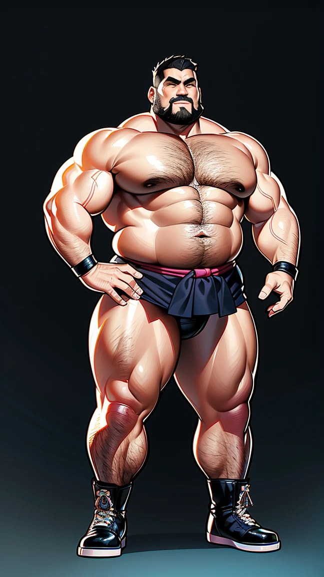 the only person，male people，Muscle wrestler，musculous，Stout wrestler，Asian people，jpn，Uncles，60-year-old middle-aged man，Short hair details，Short hair details，Wrestling boots，Full body like，Panorama characters，WWE ring，WWE American professional wrestling，spotlight lights，cellshading，visions，pantiess，fatness，age 55，,Middle age，tattoo is，Fingerless gloves，Wheat-colored skin，oilly skin，Dark skin，Show off your chest muscles，Sumo wrestler，body builder，Wide sideburns，Pronounced abs，ssmile，beard is gray，White hair，（Full body like：3），Hands are very thin，bright outside，outdoor background