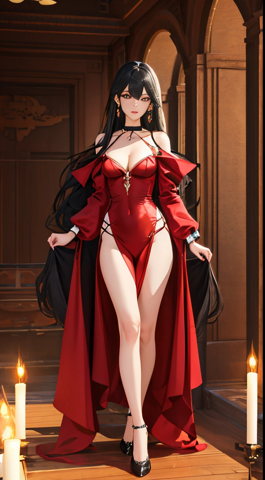 Long black hair,Dark red sexy clothing,Skyland Temple,Full body photo of the vista,(realisticlying:1.4),(tmasterpiece,forward lighting,Elaborate beautiful eyes:1.2),tmasterpiece*sportrait,realisticlying,3D 脸,glowing light eyes,shinny hair,Glossy glossy skin,独奏,embarressed,(hason),absolute_cleavage,choker necklace,sapphire_earrings,dark red clothing,Dark red clothing silk fabric,Sexy flat chest,Long black hair
