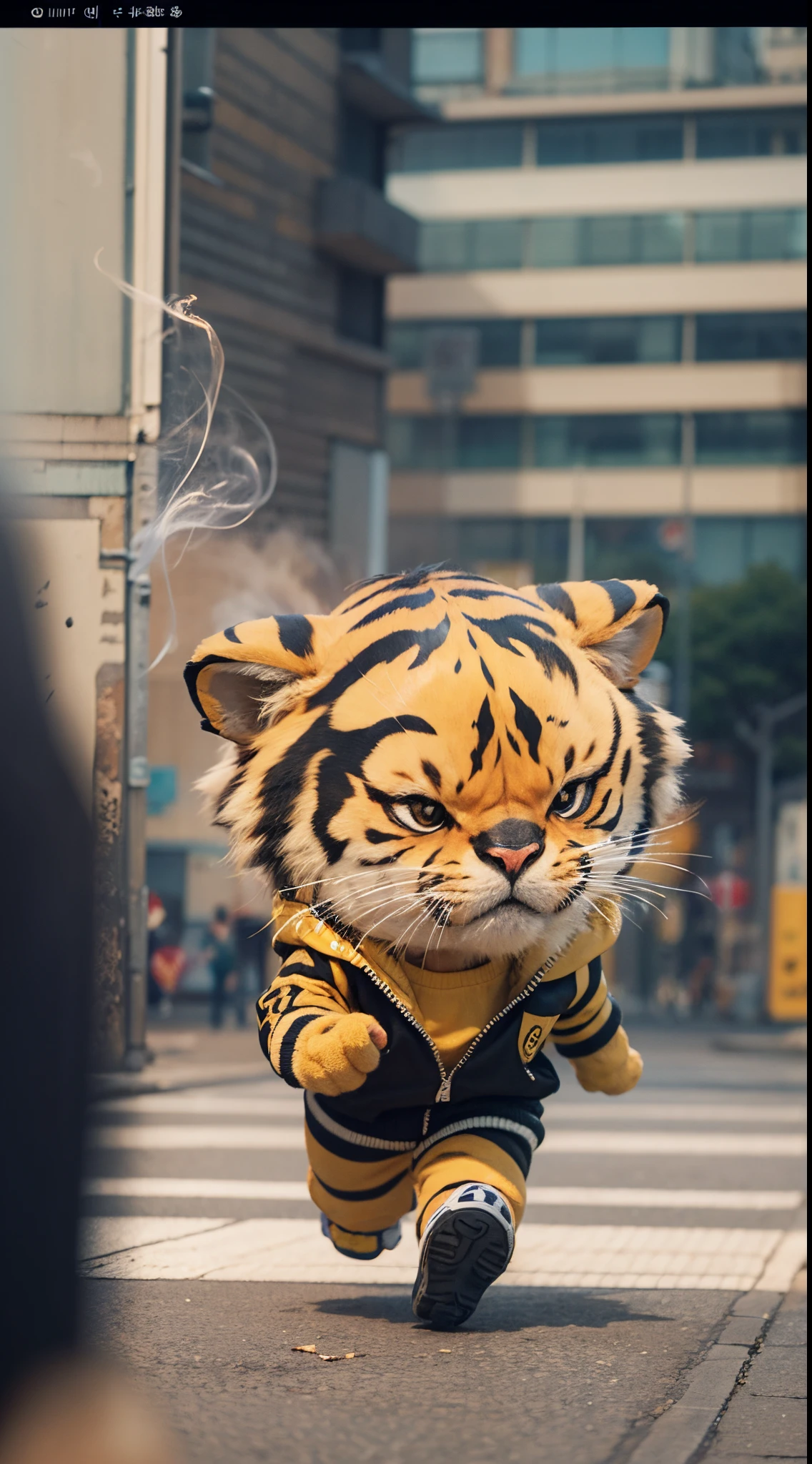 Cartoon energetic tiger with black and yellow jacket playing soccer in tokyo city street, dramatic effect, smoke effect, style raw, vintage color grading, Super 8mm lense, Extreme close-up, Deep Focus cinematography effect, high quality, ultra detail, 8k