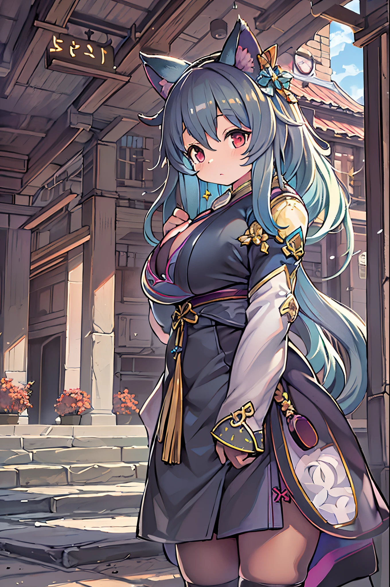 Anime Girl, Purple cat ears, Long hair, Beautiful clothes, Gubes style, 4K clarity, CG Station Pop, Antique architecture, Seductive Girl, Attractive, Genshin Kel, Anime style, 8K, beautiful anime woman, Girl Front.