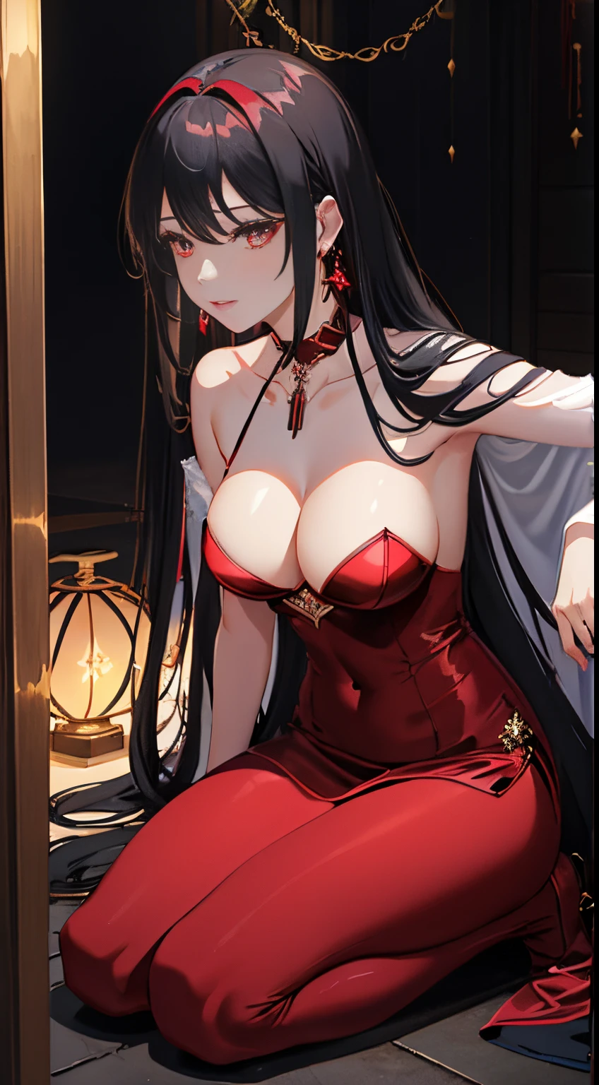 Skyland Temple,(realisticlying:1.4),Long black hair,Dark red sexy clothing,Skyland Temple,Full body photo of the vista,(realisticlying:1.4),(tmasterpiece,forward lighting,Elaborate beautiful eyes:1.2),tmasterpiece*sportrait,realisticlying,3D 脸,glowing light eyes,shinny hair,Glossy glossy skin,独奏,embarressed,(hason),absolute_cleavage,choker necklace,sapphire_earrings,dark red clothing,Dark red clothing silk fabric,Sexy flat chest,Long black hair