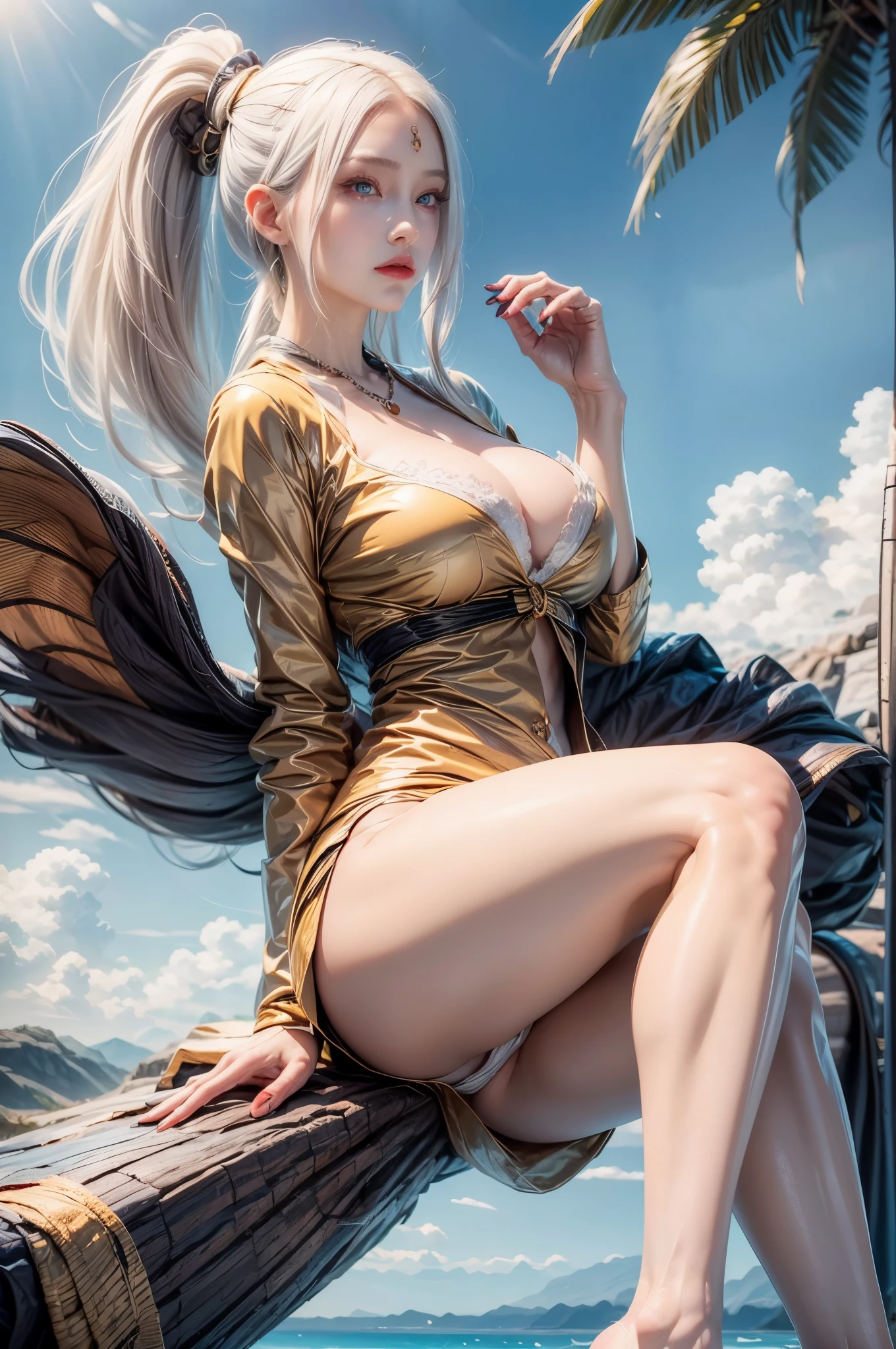 realistic, 1girls, best quality, 12k, HD, long hair, big round breasts, cleavage, ponytail, necklace, jewelry, shorts, short jacket, slim hips, hair tie, yellow eyes, black hair, super detailed, Detail eyes, hair details, person details, mouth details, face details, breast details, clothes details, hair details, pants details, hand details, whole body