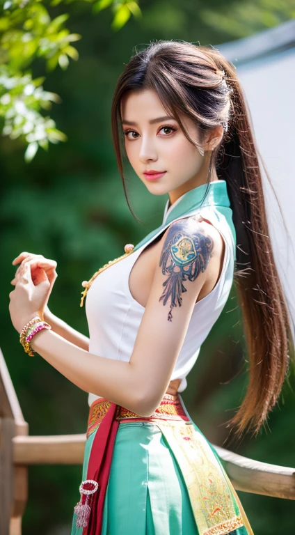 Photorealistic, High resolution, 1 woman, hips up high, Beautiful eyes, Long hair, Ringed Eyes, Jewelry, The tattoo, Hanfu, chinese fairy, Taoist uniform