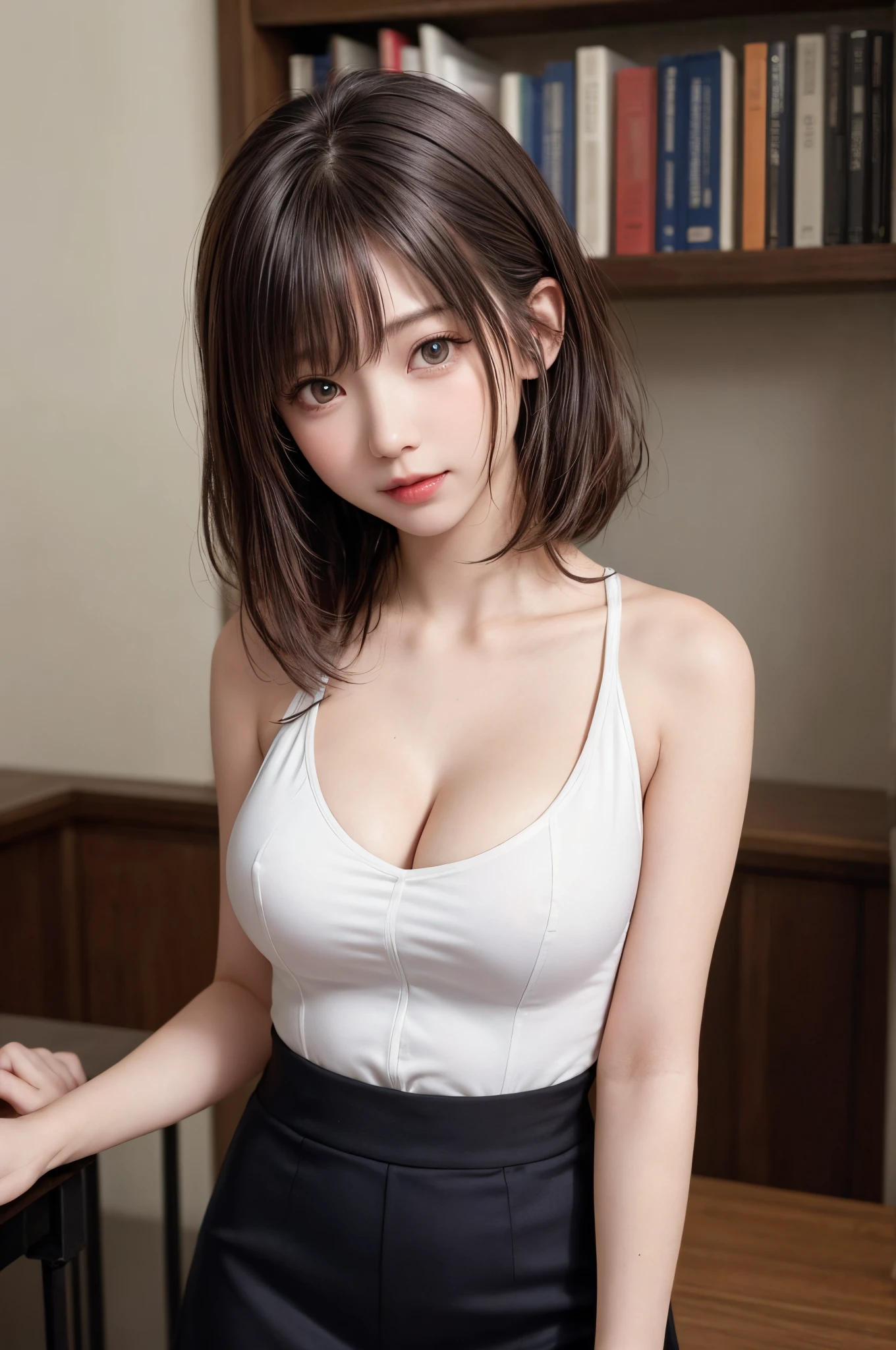 Beautiful lawyer、(Solo, 28 instars、Symmetrical beautiful face、Happy、Beautiful teeth、Intense highlighting of the eyes、lipgloss、masutepiece:1.4、top-quality、Top image quality、hyperdetailed face、Detailed lips、A detailed eye、二重まぶた、Detailed shiny hair brunette short bob hair, blazers、White dress shirts、Tight micro mini skirt)、Read at her desk、In An empty library、(Glamorous body)、(Colossal tits:1.4)、cleavage of the breast、perfect hand, Perfect fingers, perfect chest, Perfect fit, perfect bodies, face perfect, Perfect image realism, 细致背景, detailed costume, maikurobikini、Shirt unbuttoned、Lewd librarian、Hyper-Realism、Photorealsitic、unrealengine、8K maximum resolution, (​masterpiece), ighly detailed, Professional、（Perfect Anatomy、White attire）、Beautiful belly button:1.4、Beautiful waist:1.4