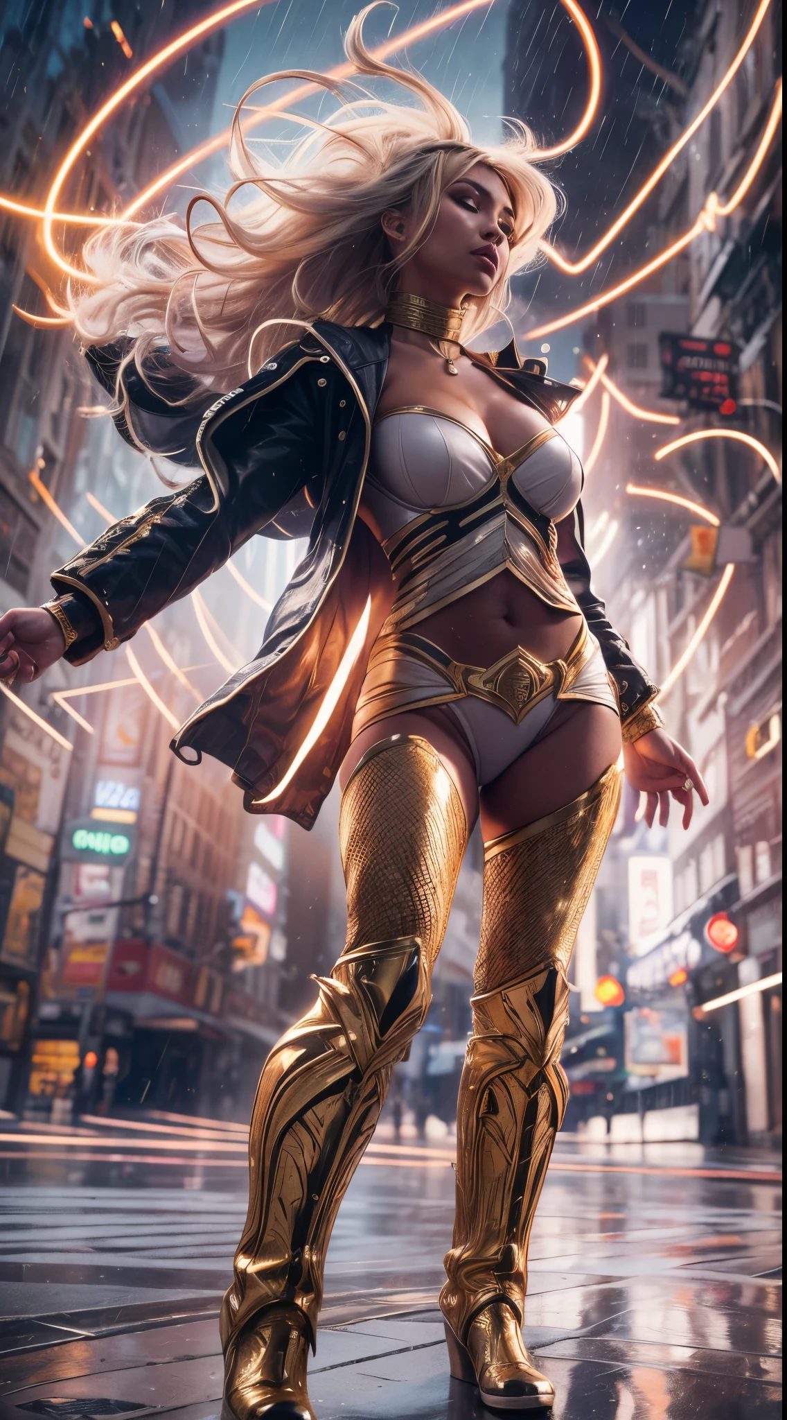 otherworldly powerful action low angle full length shot of a superheroine with stylish gold glitter armour and high boots and long platinum hijab and bright eyes ready to fly in a futuristic city in the style of Artgerm, stunning, floating hair, visible belly button, thunderstorm and lightning, stones rising up under her feet, view from her feet, intentional camera movement, visually mind-blowing, photograph taken by fujifilm XT-4, f/1.8 lens, tilt-shift lens, tilt angle perspective, award-winning photography, breathtaking beauty, magic powerful atmosphere, graceful, ethereal, feminine pose, perfect fit body, alluring, scandalous and flirty, dreamy, muse, ethereal soft lighting, hyper-detailed, beautifully color-coded, photorealistic, soft shadows, clean sharp focus, depth of field, dynamic angle, dynamic movement, mesmerizing and dynamic composition, beautiful bokeh --ar 9:16 --s 1000 --c 10 --q 2 --v 5.1 --style raw