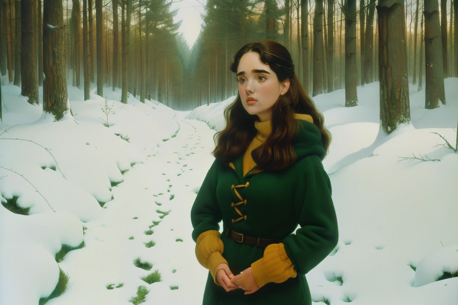 1997, Berkshire County, Massachusetts. Pre-raphaelite ((((45-year-old)) Jennifer Connelly)), winter, snow, (narrow path) in the (((dense selvatic forest))), ((((warm Clothing from the 1990s)))), ((short bob Hairstyle of the 1990s)), ((Wes Anderson cinematic style)), colorful