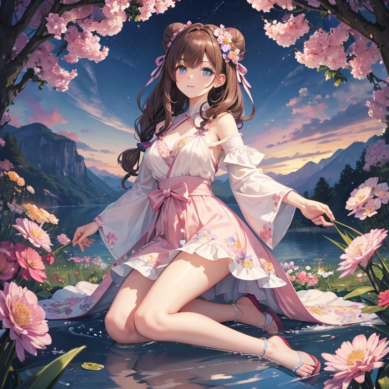 ​master piece , Best Quality，Wallpaper 8k CG, hyper quality, The best ，1girl in,Solo，(Full body style)，tiny chest，This top quality Japanese Moe illustration includes:、(Floral dress)，、Long hair Her two buns are drawn in the center of the image，All hairstyles are newly drawn，This is the highest quality 3D rendering、A woman with a perm is depicted，Bright blue eyes、Brown hair color、Her two buns are depicted in the center of the image。，Her cheeks are、clear pale pink， Explore the highest quality & Rich meadows of a magical country in spring, Full of fascinating RPG worldviews ３DCG graphics