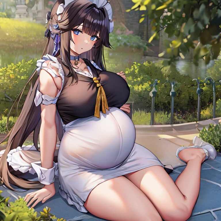 Pregnant, maid costume, huge belly, visible belly, huge breasts, thick thighs. (Best quality, detailed, full body)