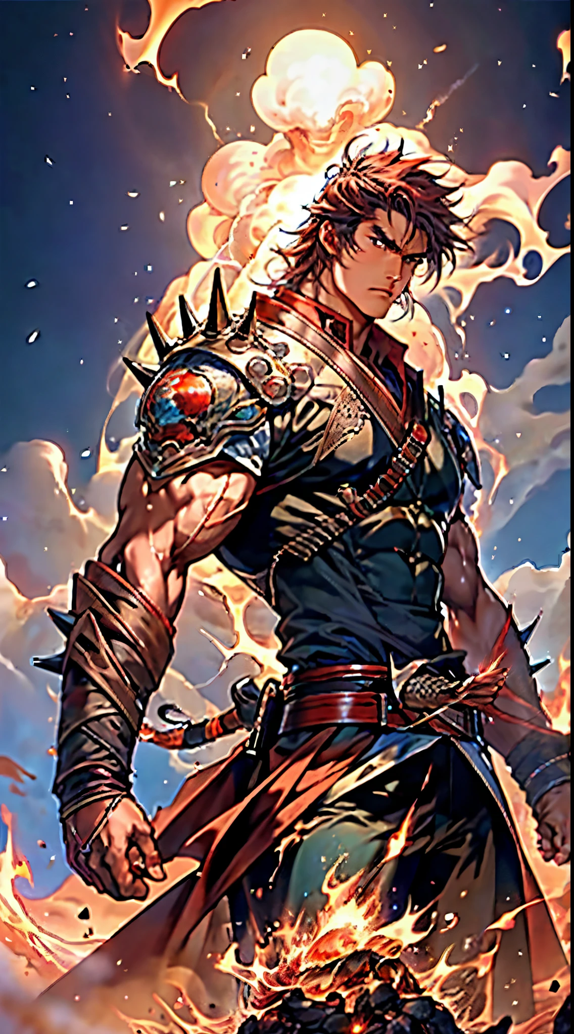 a young man, deep blue short hair, dense and voluminous spiky hairstyle, two long hair bangs, an arrogant demeanor, a fierce gaze, brown skin, simple solid-colored traditional Chinese clothing, a red belt, flowing hem, red wrist guards, coarse cloth trousers, the surrounding air distorts due to intense heat, the background depicts a volcanic crater erupting with molten lava, this character embodies a finely crafted fantasy-style martial arts in anime style, exquisite and mature manga art style, high definition, best quality, highres, ultra-detailed, ultra-fine painting, extremely delicate, professional, anatomically correct, symmetrical face, extremely detailed eyes and face, high quality eyes, creativity, RAW photo, UHD, 8k, Natural light, cinematic lighting, masterpiece-anatomy-perfect, masterpiece:1.5