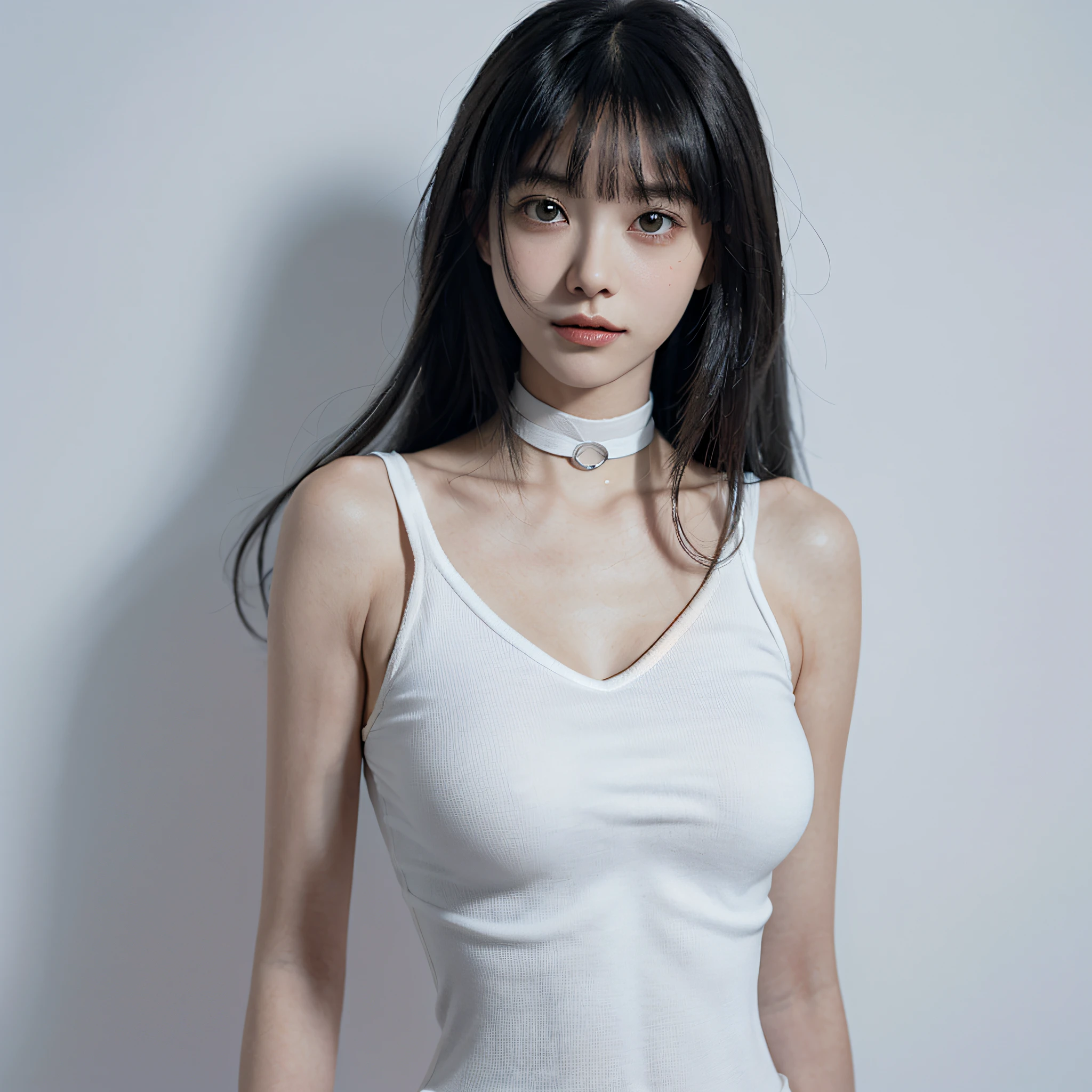 best quality, ultra high res, (photorealistic:1.4), (2girl, Duo, discord), (White Tight Tanktop Knit Dress, (Black Choker:1.3):1.3), ((Small Head, Thin Head:1.4)), (Super Detail Face, Beautiful Face, (Very Clear Big eyes), well-shaped nose with a narrow nasal stripe, Perfect beauty, ((Very Ruddy:1.6), Very Porcelain Skin, Very Fair Skin, Fine and Beautiful Skin):1.4), (Smile), ((faded ash gray Very Long hair with Bangs:1.5)), ((Huge breasts, Well-Shaped Breasts:1.7)), (7 Head-toll, Model Body Type, (Slender body:0.8), (sloped shoulder, narrow shoulders, thin upper chest, Thin under the chest, Physique, (thin waist:1.1):1.1)), looking at viewer, closeup, (Random emotions, Random poses synchronized with emotions, randam angle, Random Location, Random position:1.5), (Flat Lighting, White Simple gradation Background:1.4),